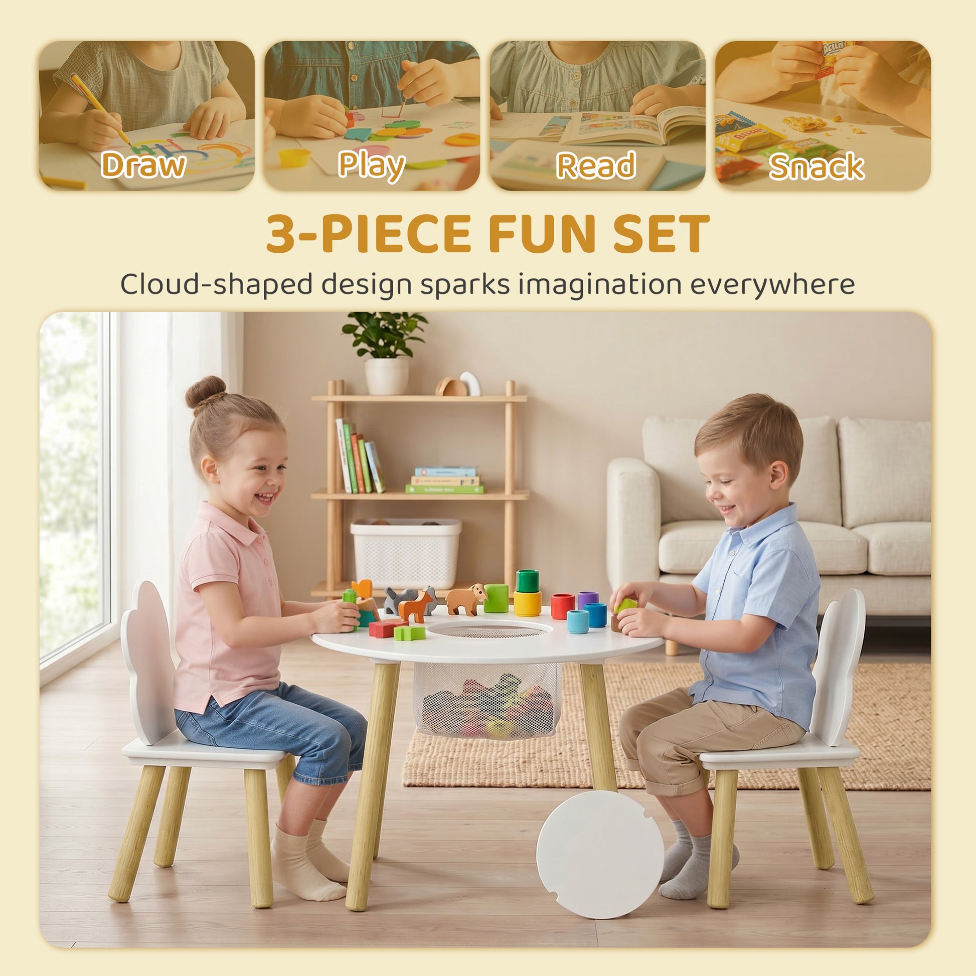Qaba 3 Pieces Kids Table and Chair Set, Activity Table and Chair Set with Cloud-Shaped Chairs, Mesh Bag-Toys & Games > Toddler & Kids Furniture > Kids Table Sets-DECOROLALA