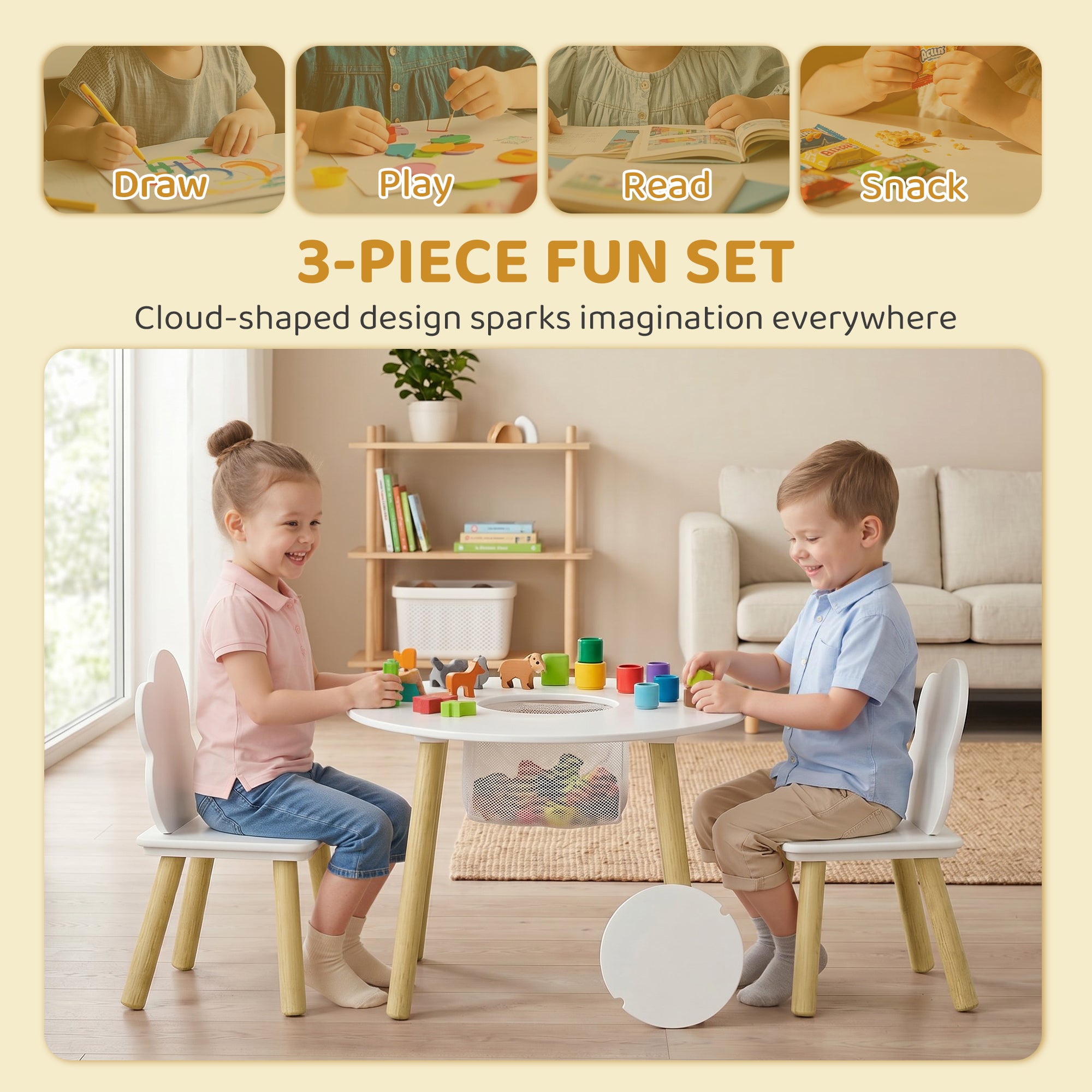 Qaba 3 Pieces Kids Table and Chair Set, Activity Table and Chair Set with Cloud-Shaped Chairs, Mesh Bag-Toys & Games > Toddler & Kids Furniture > Kids Table Sets-DECOROLALA