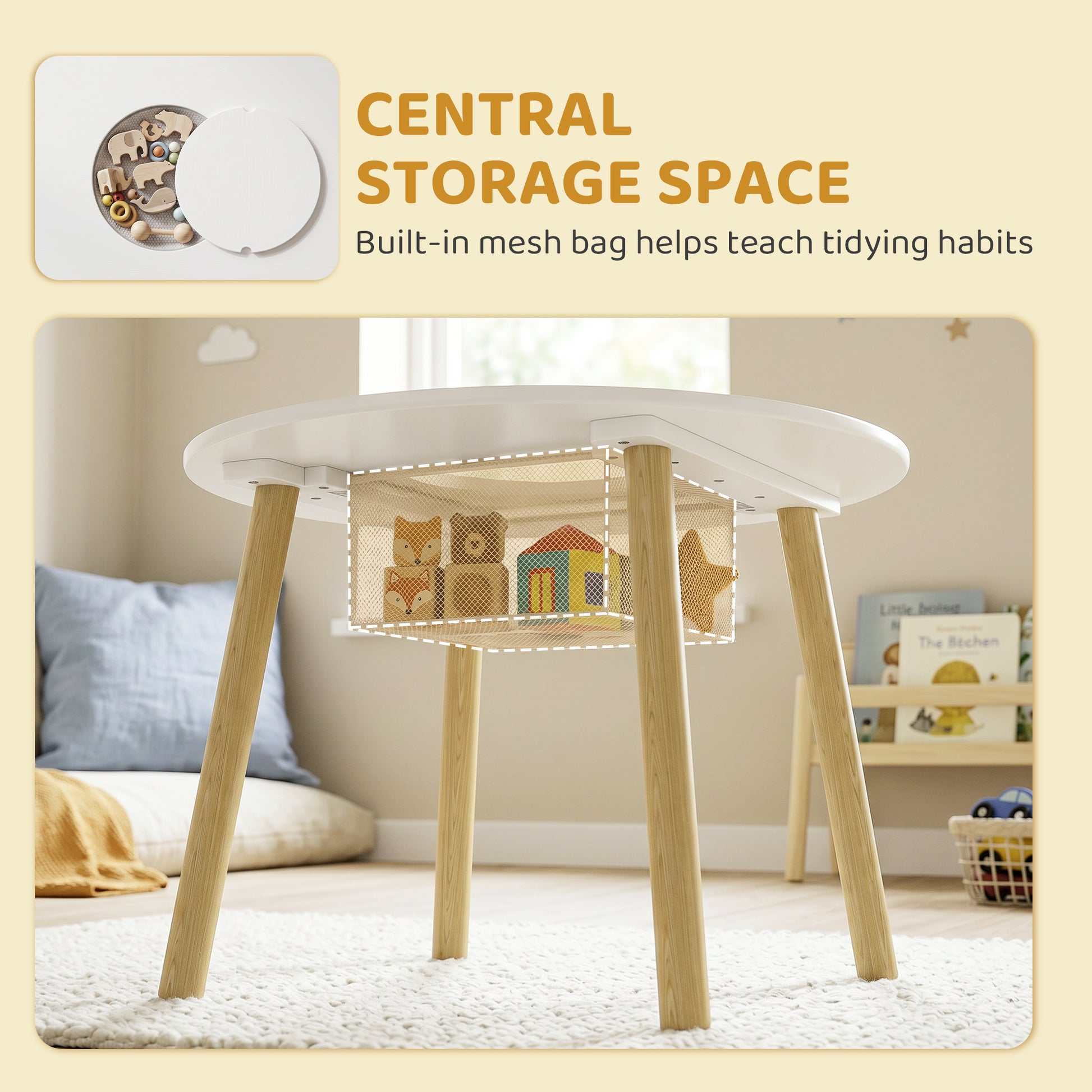 Qaba 3 Pieces Kids Table and Chair Set, Activity Table and Chair Set with Cloud-Shaped Chairs, Mesh Bag-Toys & Games > Toddler & Kids Furniture > Kids Table Sets-DECOROLALA