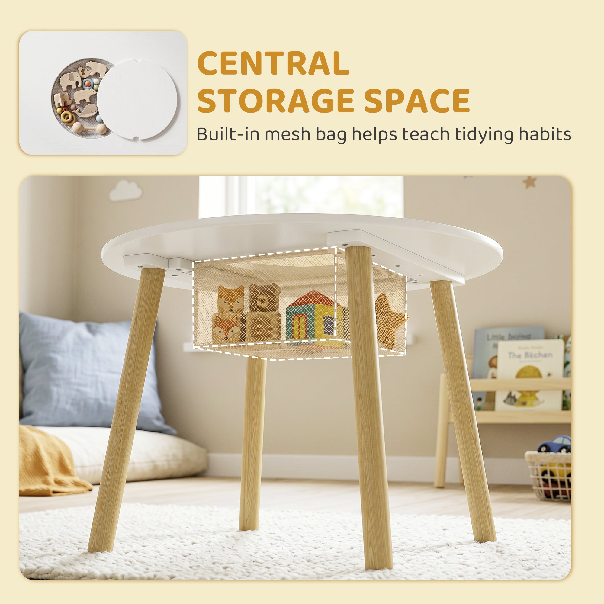 Qaba 3 Pieces Kids Table and Chair Set, Activity Table and Chair Set with Cloud-Shaped Chairs, Mesh Bag-Toys & Games > Toddler & Kids Furniture > Kids Table Sets-DECOROLALA