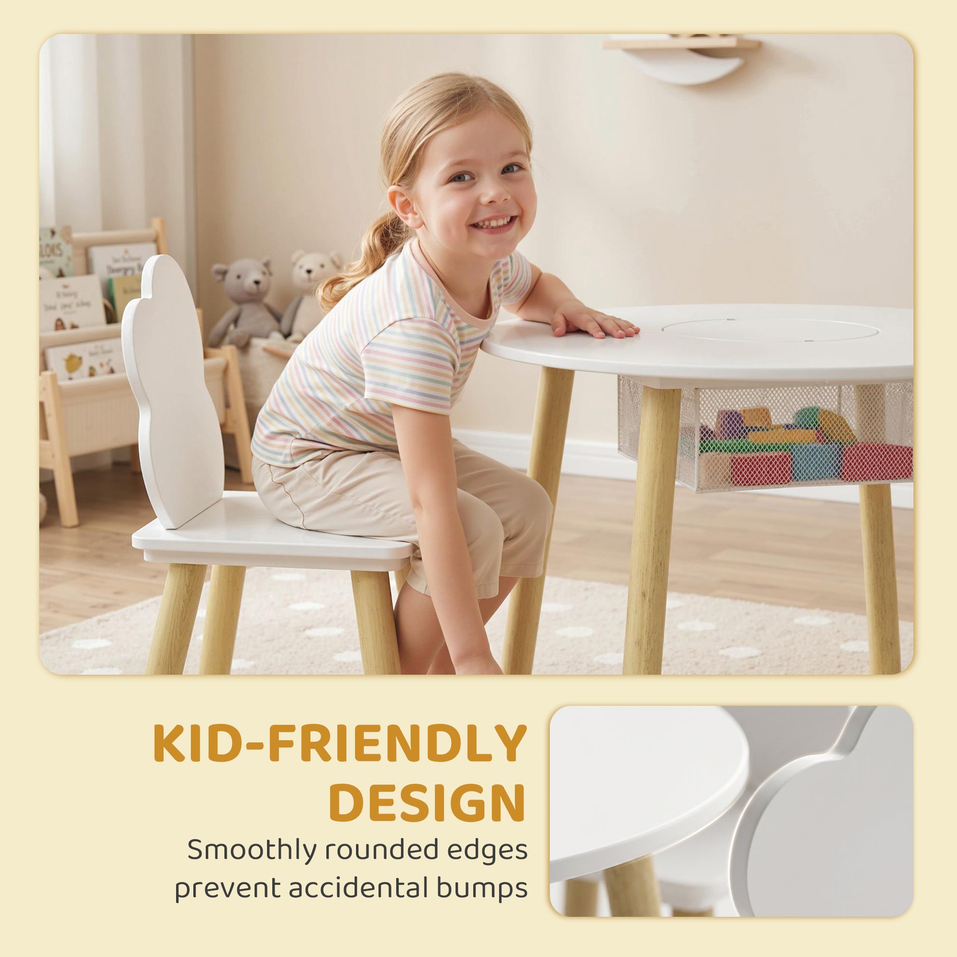 Qaba 3 Pieces Kids Table and Chair Set, Activity Table and Chair Set with Cloud-Shaped Chairs, Mesh Bag-Toys & Games > Toddler & Kids Furniture > Kids Table Sets-DECOROLALA