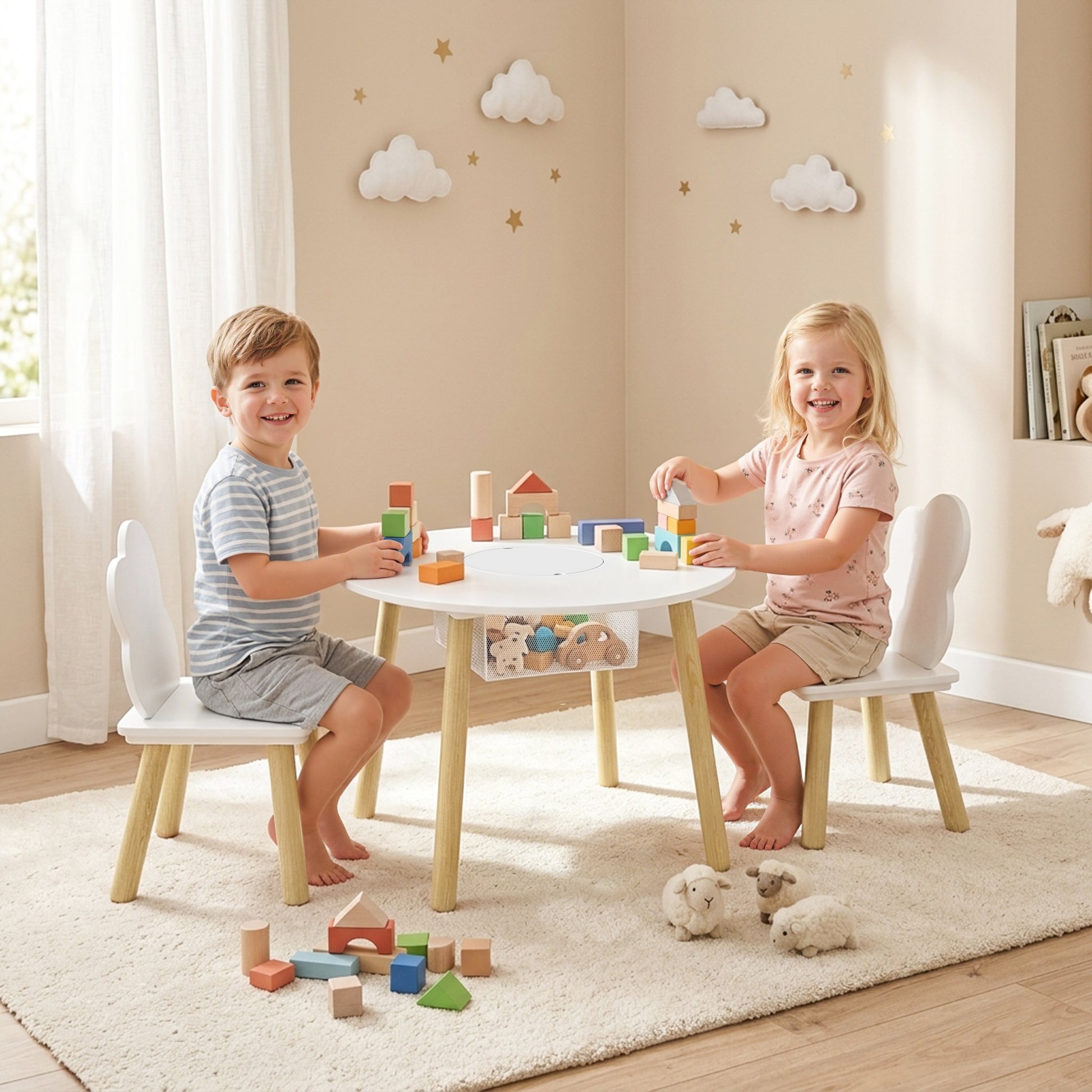 Qaba 3 Pieces Kids Table and Chair Set, Activity Table and Chair Set with Cloud-Shaped Chairs, Mesh Bag-Toys & Games > Toddler & Kids Furniture > Kids Table Sets-DECOROLALA
