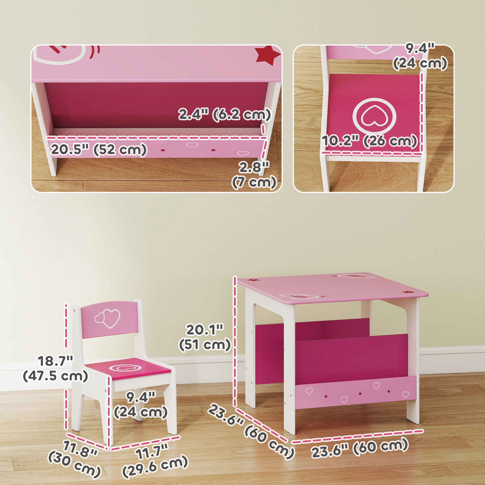 Qaba 3 Pieces Kids Table and Chair Set with Bookshelves, for Classroom, Home, Nursery, Playroom, for Read, Draw, Art, Pink-Toys & Games > Toddler & Kids Furniture > Kids Table Sets-DECOROLALA