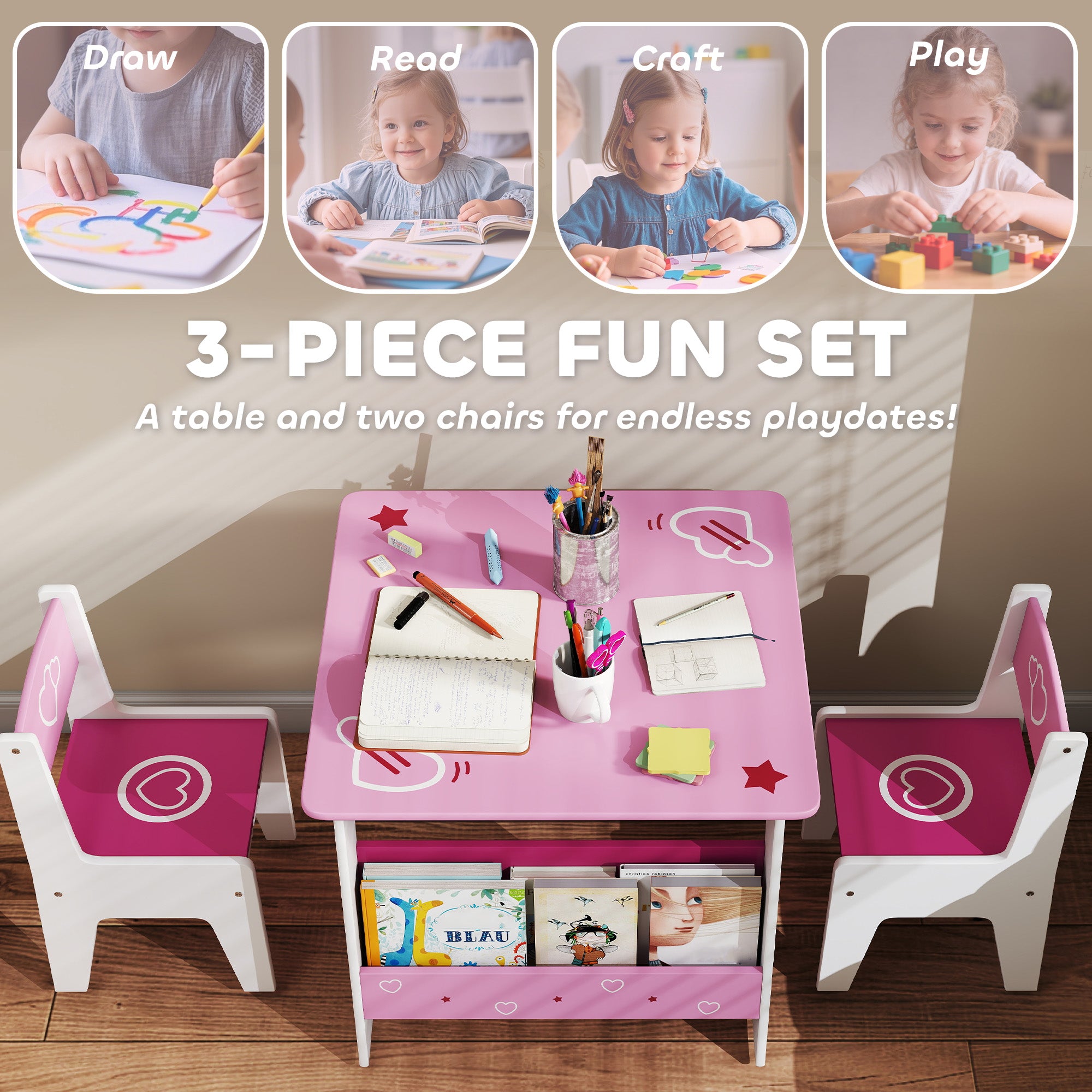 Qaba 3 Pieces Kids Table and Chair Set with Bookshelves, for Classroom, Home, Nursery, Playroom, for Read, Draw, Art, Pink-Toys & Games > Toddler & Kids Furniture > Kids Table Sets-DECOROLALA