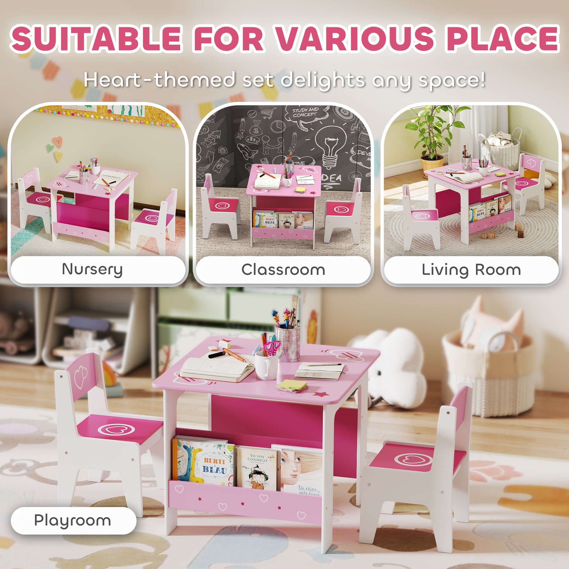 Qaba 3 Pieces Kids Table and Chair Set with Bookshelves, for Classroom, Home, Nursery, Playroom, for Read, Draw, Art, Pink-Toys & Games > Toddler & Kids Furniture > Kids Table Sets-DECOROLALA