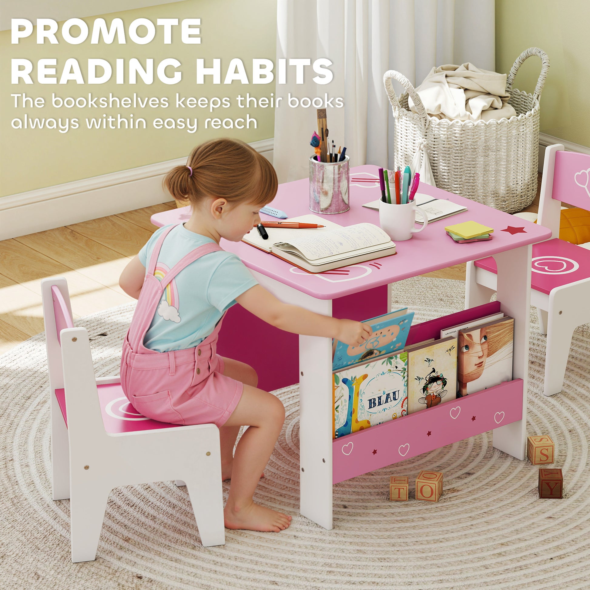 Qaba 3 Pieces Kids Table and Chair Set with Bookshelves, for Classroom, Home, Nursery, Playroom, for Read, Draw, Art, Pink-Toys & Games > Toddler & Kids Furniture > Kids Table Sets-DECOROLALA
