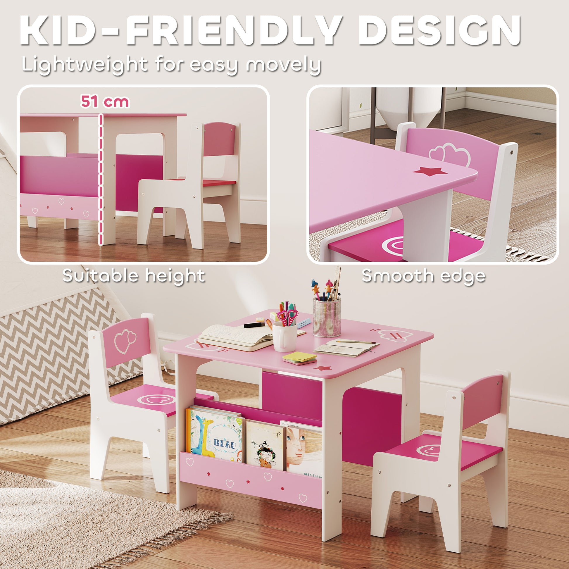 Qaba 3 Pieces Kids Table and Chair Set with Bookshelves, for Classroom, Home, Nursery, Playroom, for Read, Draw, Art, Pink-Toys & Games > Toddler & Kids Furniture > Kids Table Sets-DECOROLALA