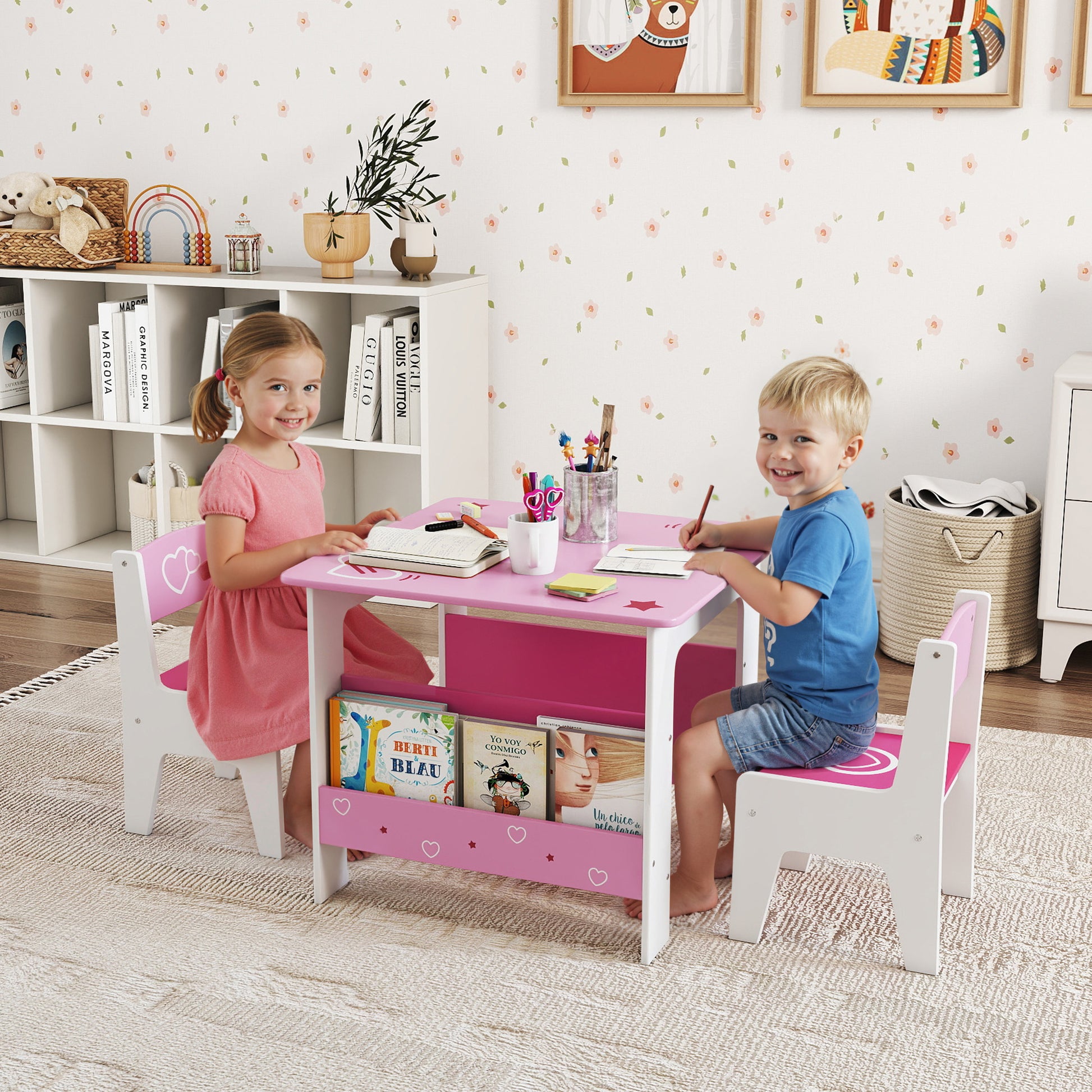 Qaba 3 Pieces Kids Table and Chair Set with Bookshelves, for Classroom, Home, Nursery, Playroom, for Read, Draw, Art, Pink-Toys & Games > Toddler & Kids Furniture > Kids Table Sets-DECOROLALA