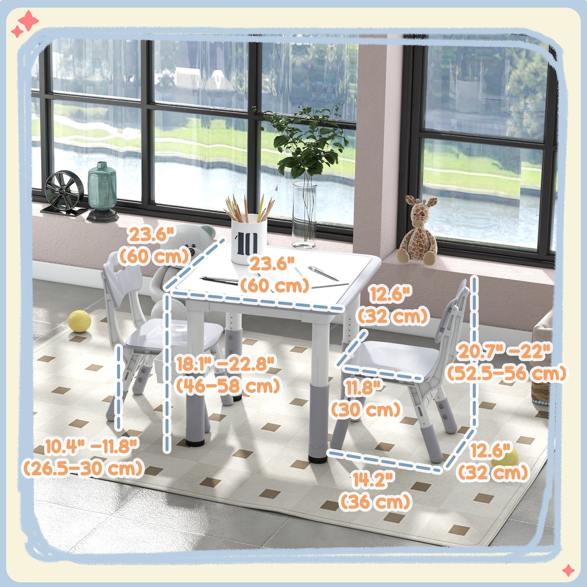 Qaba 3 Pieces Toddler Table and Chair Set, Height Adjustable Kids Table and Chair Set w/ Storage, for Playroom Grey-Toys & Games > Toddler & Kids Furniture > Kids Table Sets-DECOROLALA