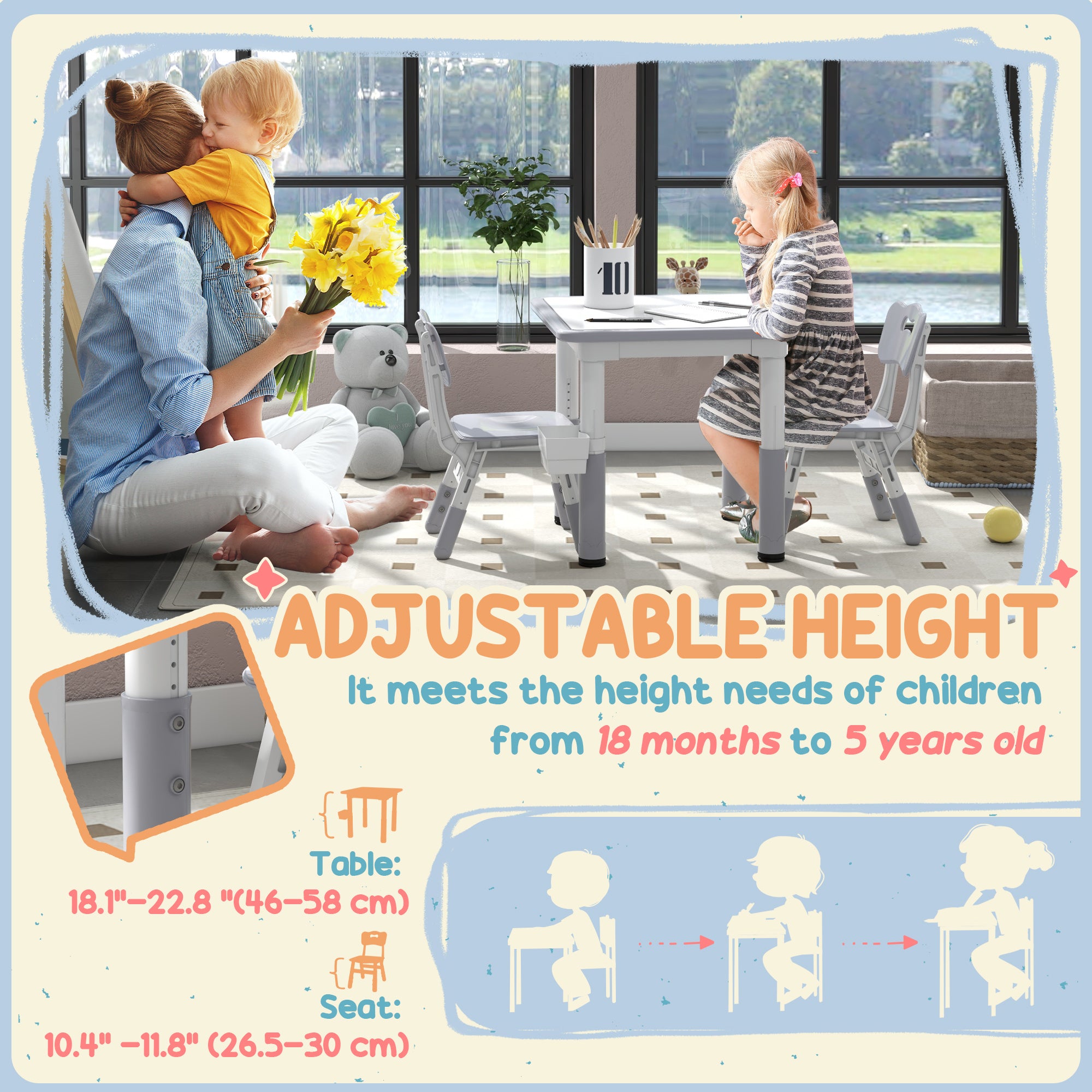 Qaba 3 Pieces Toddler Table and Chair Set, Height Adjustable Kids Table and Chair Set w/ Storage, for Playroom Grey-Toys & Games > Toddler & Kids Furniture > Kids Table Sets-DECOROLALA