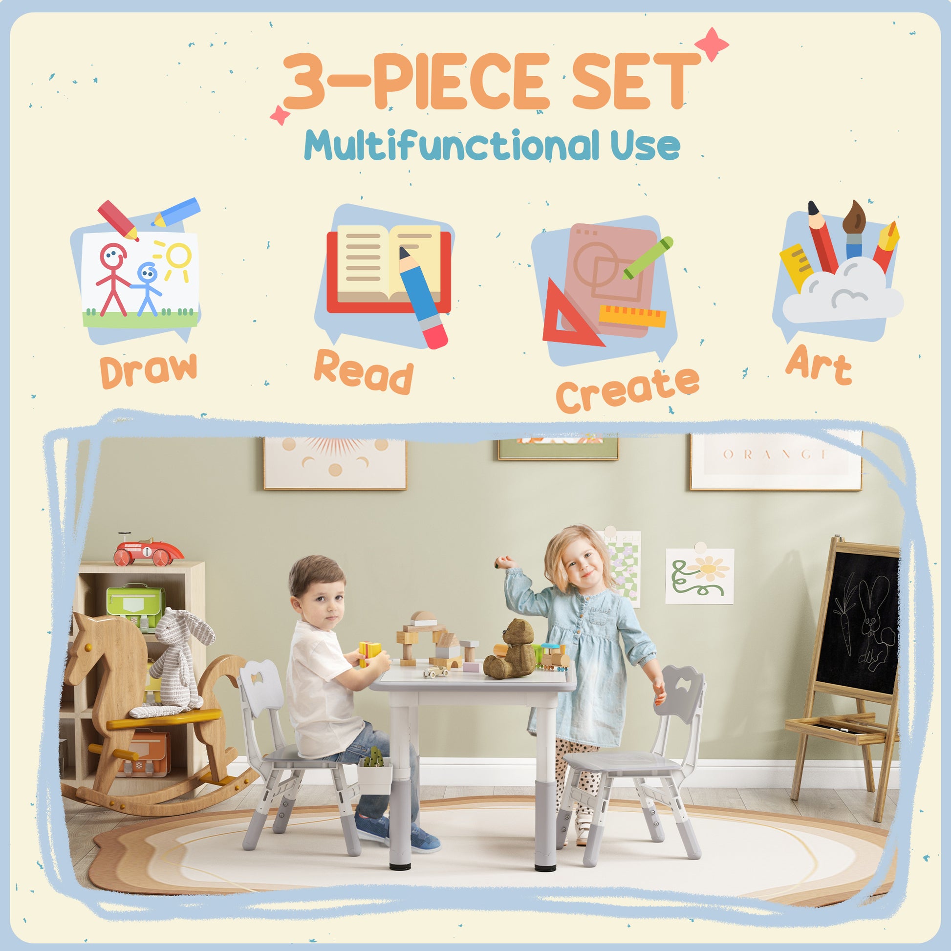 Qaba 3 Pieces Toddler Table and Chair Set, Height Adjustable Kids Table and Chair Set w/ Storage, for Playroom Grey-Toys & Games > Toddler & Kids Furniture > Kids Table Sets-DECOROLALA
