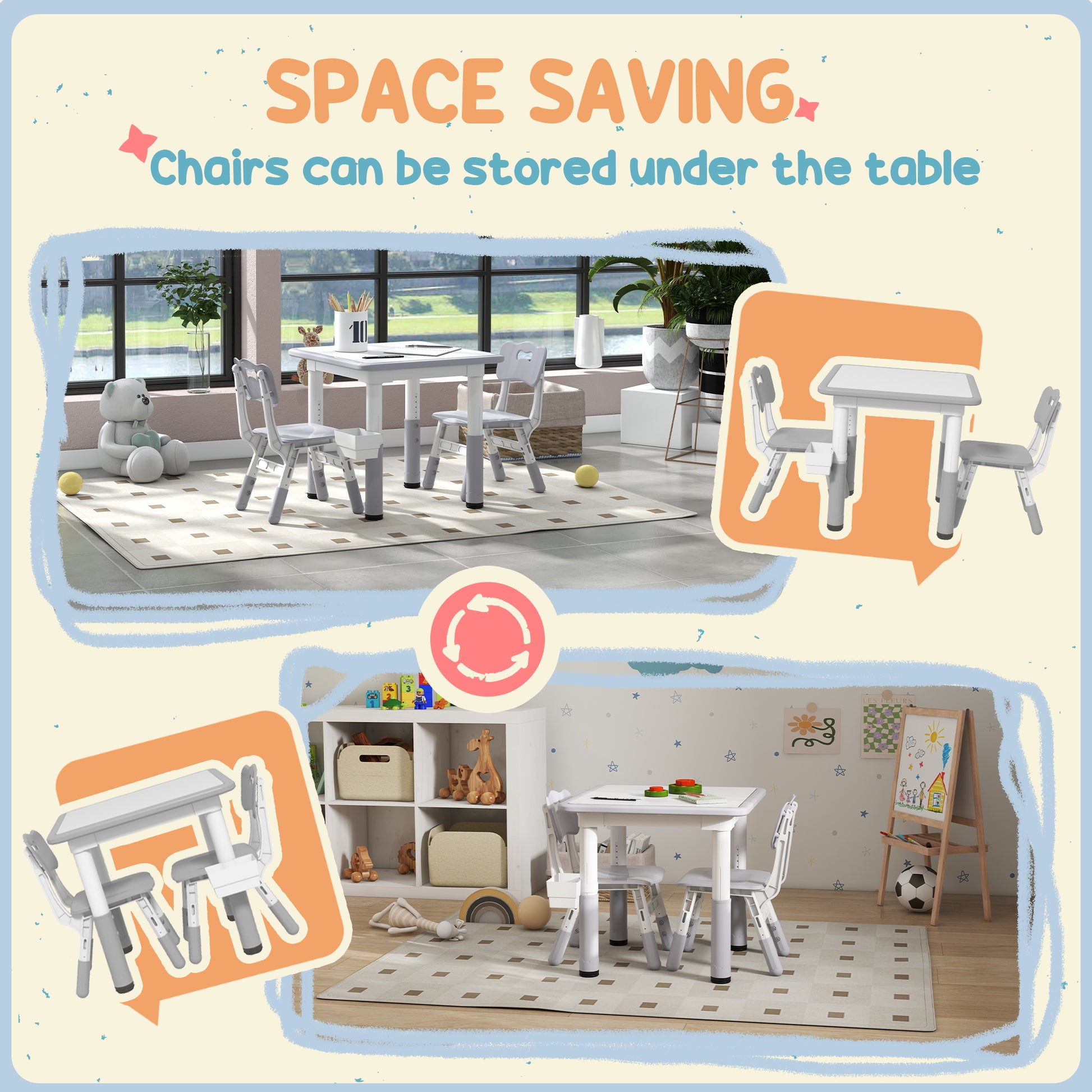 Qaba 3 Pieces Toddler Table and Chair Set, Height Adjustable Kids Table and Chair Set w/ Storage, for Playroom Grey-Toys & Games > Toddler & Kids Furniture > Kids Table Sets-DECOROLALA