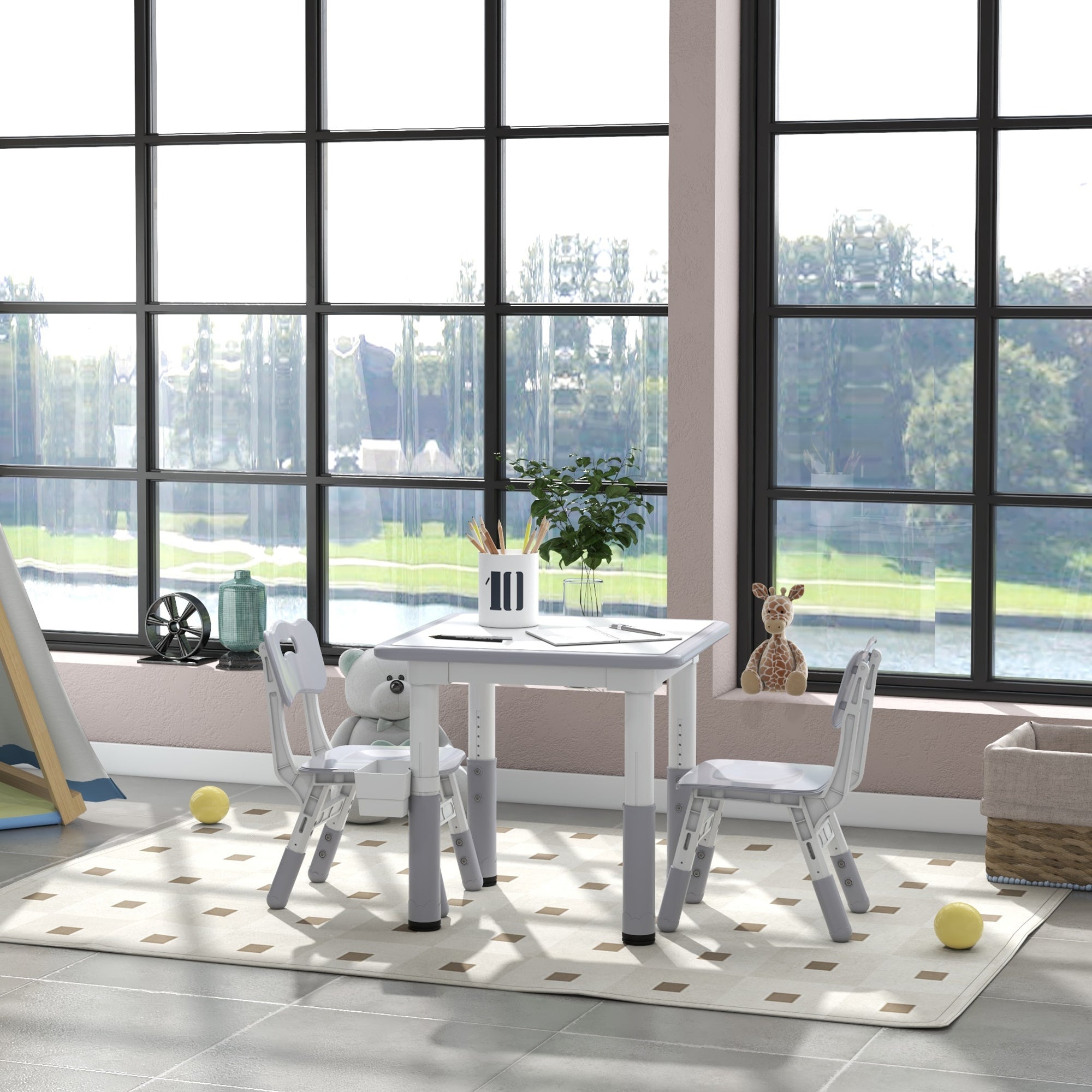 Qaba 3 Pieces Toddler Table and Chair Set, Height Adjustable Kids Table and Chair Set w/ Storage, for Playroom Grey-Toys & Games > Toddler & Kids Furniture > Kids Table Sets-DECOROLALA