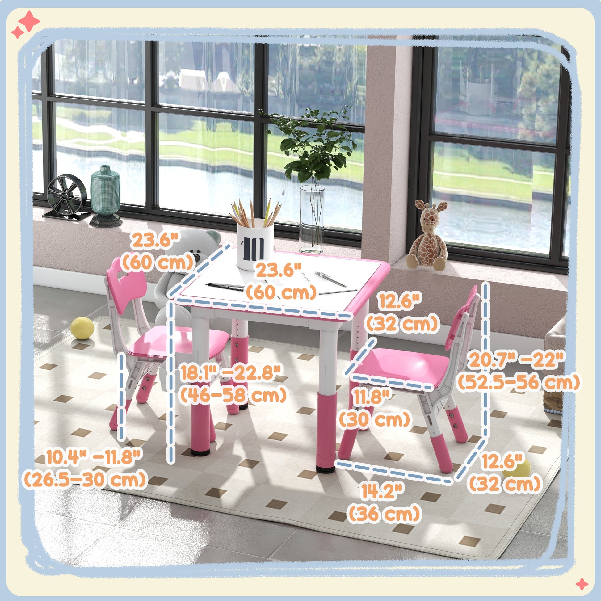 Qaba 3 Pieces Toddler Table and Chair Set, Height Adjustable Kids Table and Chair Set w/ Storage, for Playroom Pink-Toys & Games > Toddler & Kids Furniture > Kids Table Sets-DECOROLALA
