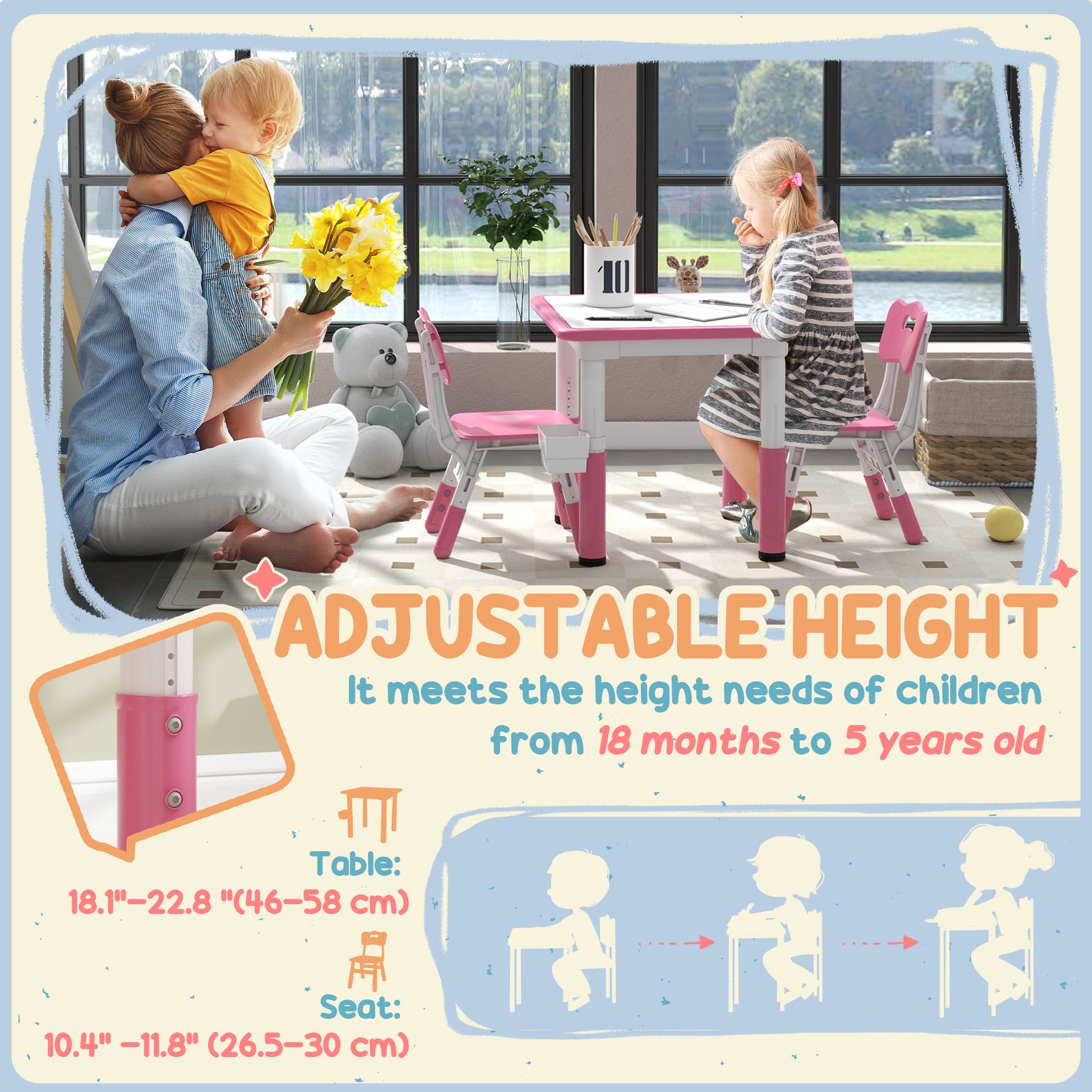 Qaba 3 Pieces Toddler Table and Chair Set, Height Adjustable Kids Table and Chair Set w/ Storage, for Playroom Pink-Toys & Games > Toddler & Kids Furniture > Kids Table Sets-DECOROLALA