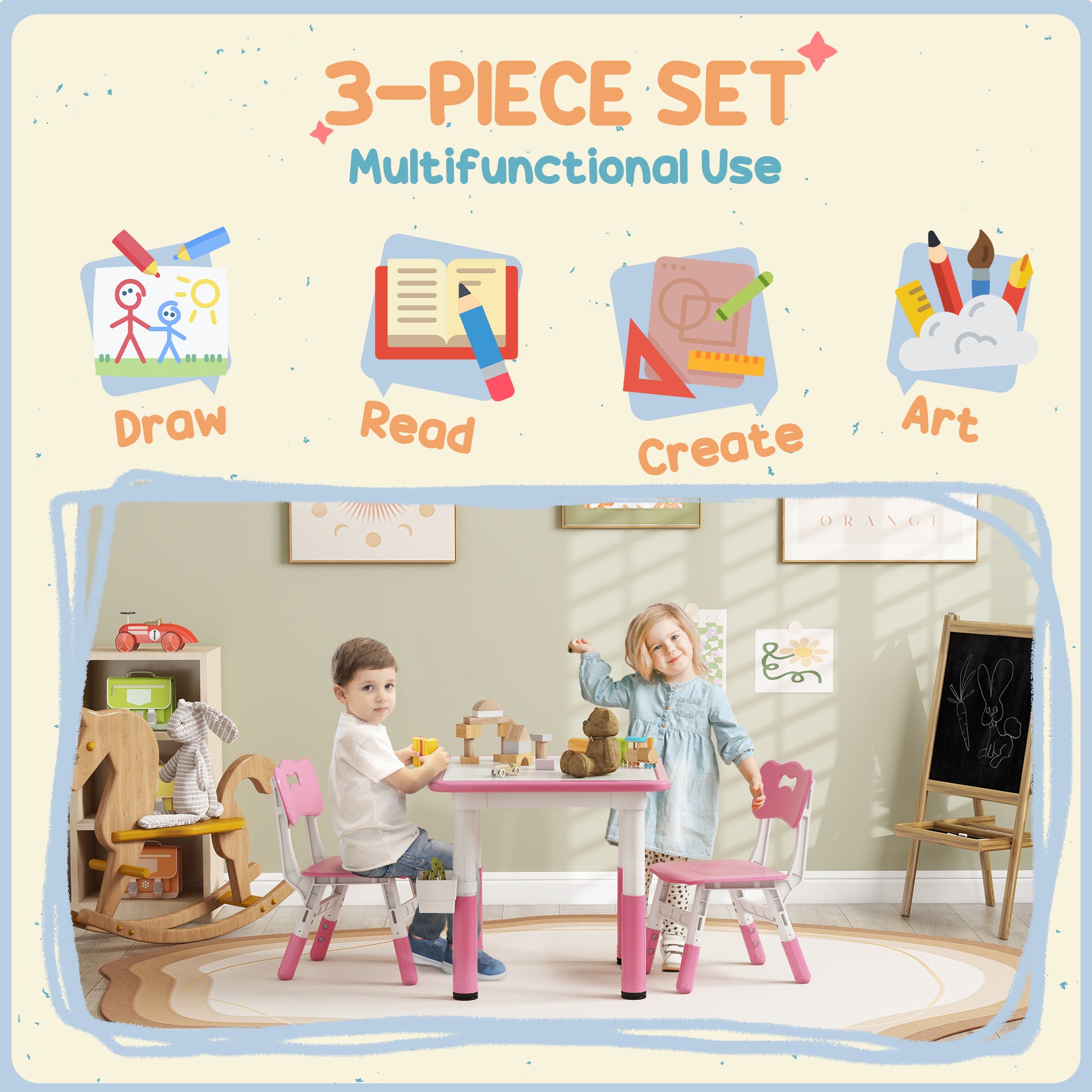 Qaba 3 Pieces Toddler Table and Chair Set, Height Adjustable Kids Table and Chair Set w/ Storage, for Playroom Pink-Toys & Games > Toddler & Kids Furniture > Kids Table Sets-DECOROLALA