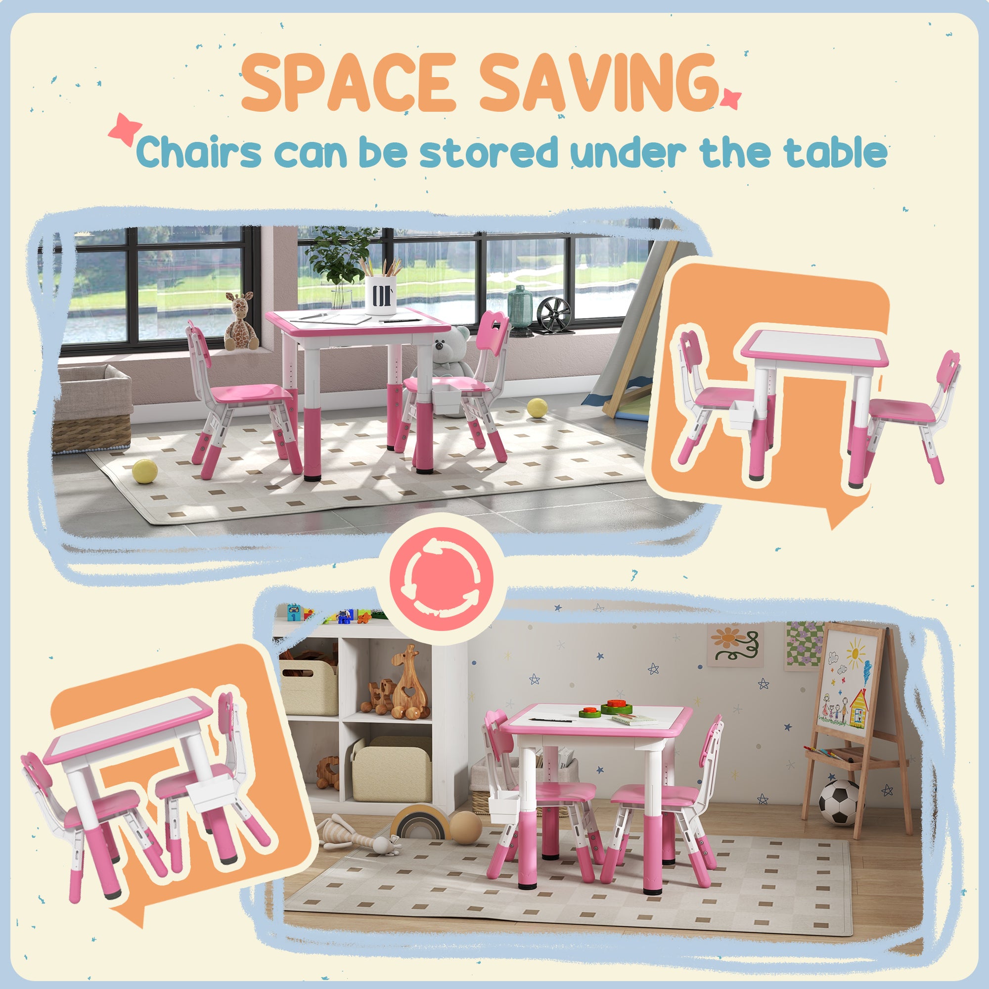 Qaba 3 Pieces Toddler Table and Chair Set, Height Adjustable Kids Table and Chair Set w/ Storage, for Playroom Pink-Toys & Games > Toddler & Kids Furniture > Kids Table Sets-DECOROLALA