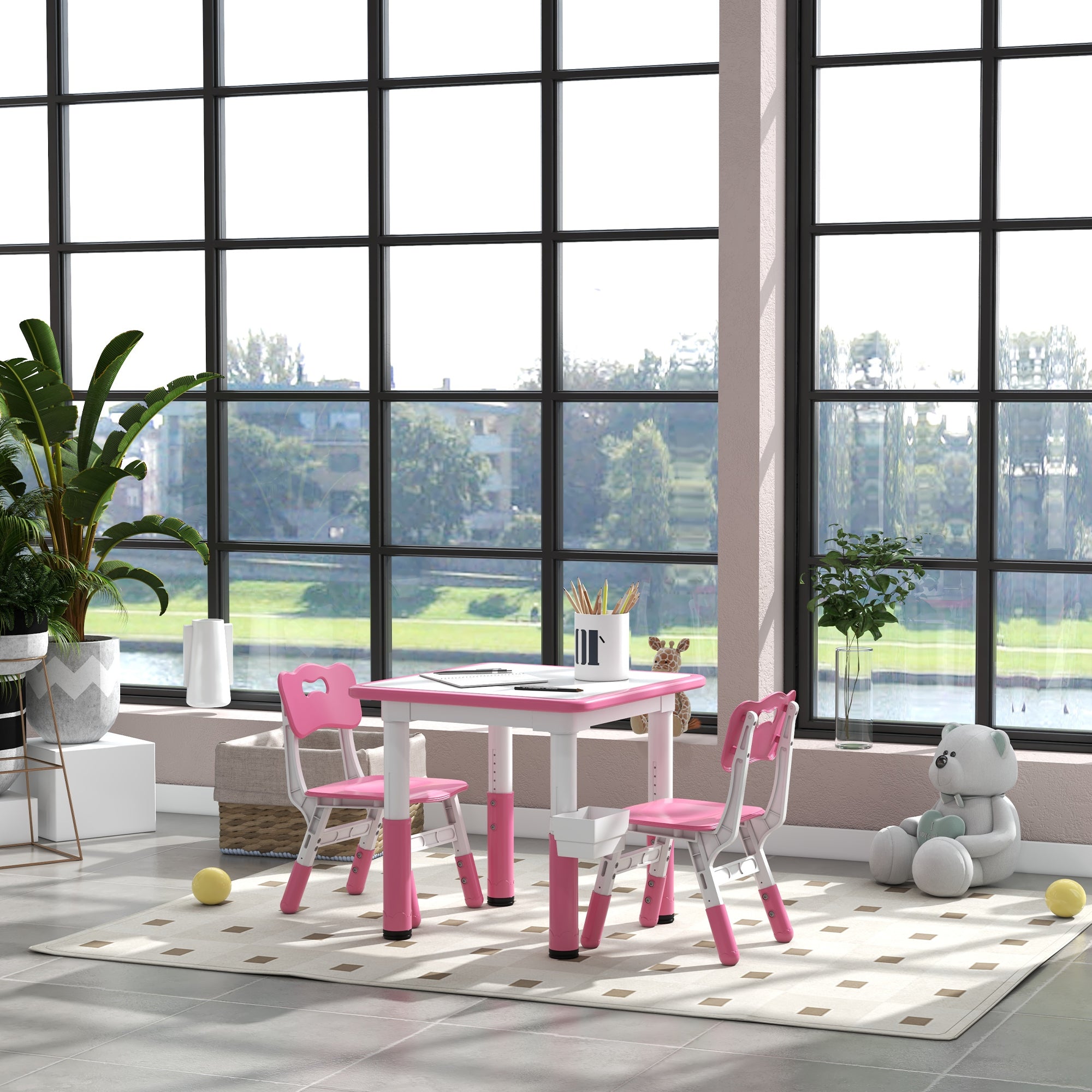 Qaba 3 Pieces Toddler Table and Chair Set, Height Adjustable Kids Table and Chair Set w/ Storage, for Playroom Pink-Toys & Games > Toddler & Kids Furniture > Kids Table Sets-DECOROLALA