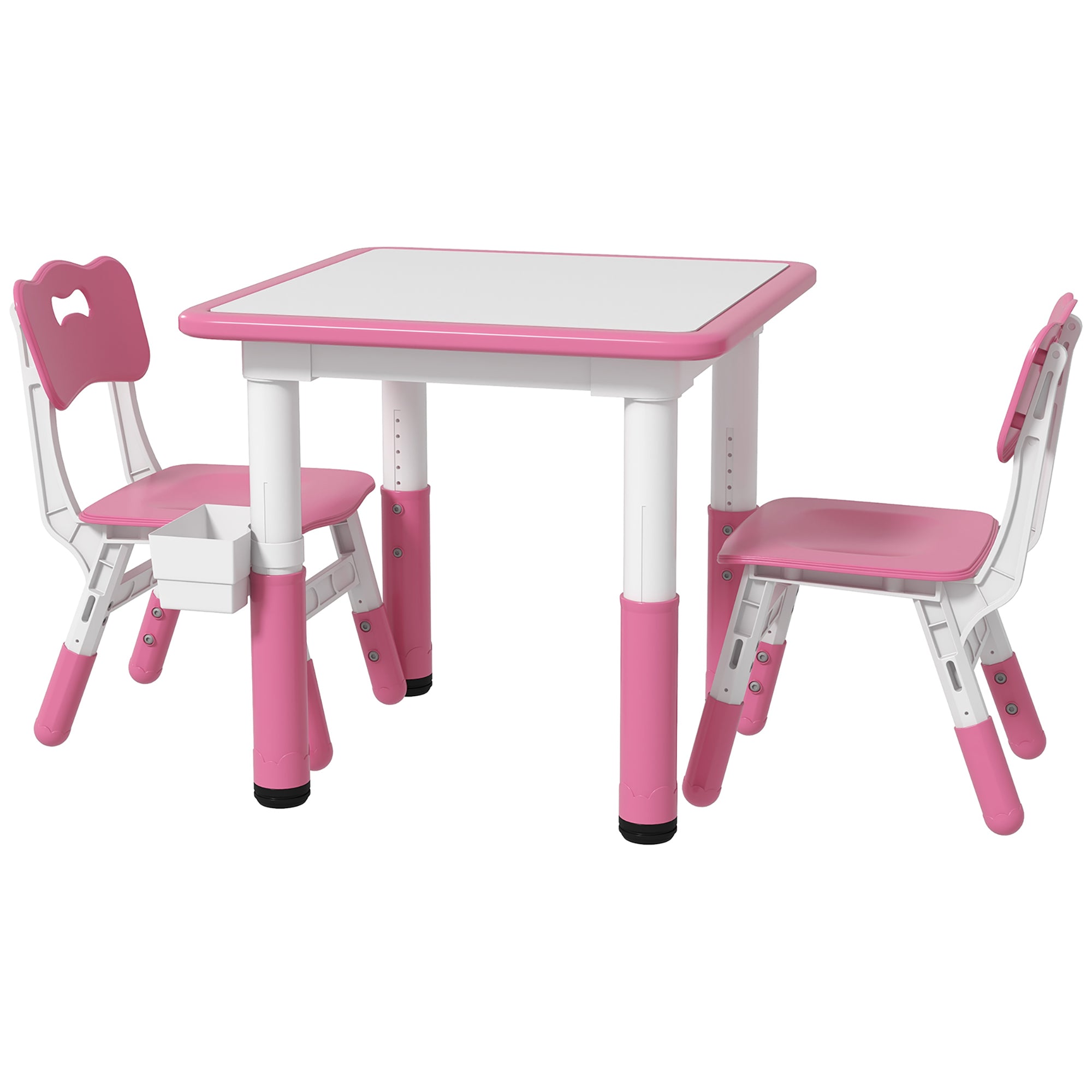 Qaba 3 Pieces Toddler Table and Chair Set, Height Adjustable Kids Table and Chair Set w/ Storage, for Playroom Pink-Toys & Games > Toddler & Kids Furniture > Kids Table Sets-DECOROLALA