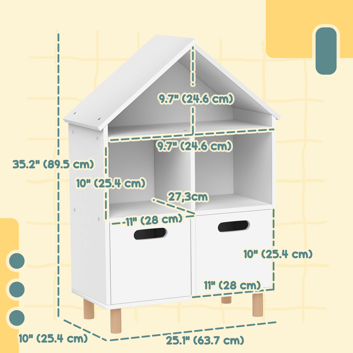 Qaba 3-Tier House-Shaped Kids Bookshelf with Drawers - White-Home Furnishings > Storage & Organization > Bookshelves & Bookcases > Small Bookshelves-DECOROLALA