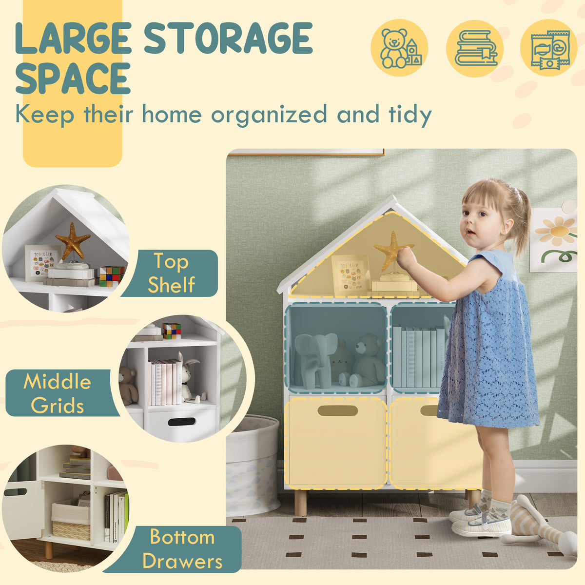 Qaba 3-Tier House-Shaped Kids Bookshelf with Drawers - White-Home Furnishings > Storage & Organization > Bookshelves & Bookcases > Small Bookshelves-DECOROLALA