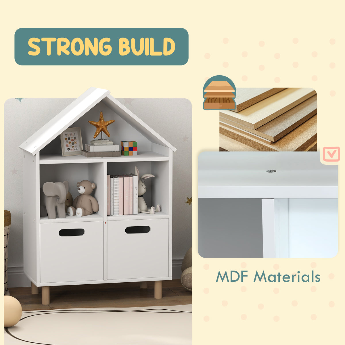 Qaba 3-Tier House-Shaped Kids Bookshelf with Drawers - White-Home Furnishings > Storage & Organization > Bookshelves & Bookcases > Small Bookshelves-DECOROLALA