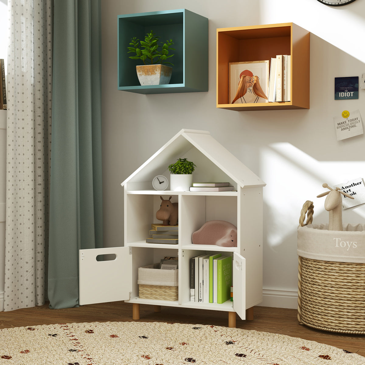 Qaba 3-Tier House-Shaped Kids Bookshelf with Drawers - White-Home Furnishings > Storage & Organization > Bookshelves & Bookcases > Small Bookshelves-DECOROLALA