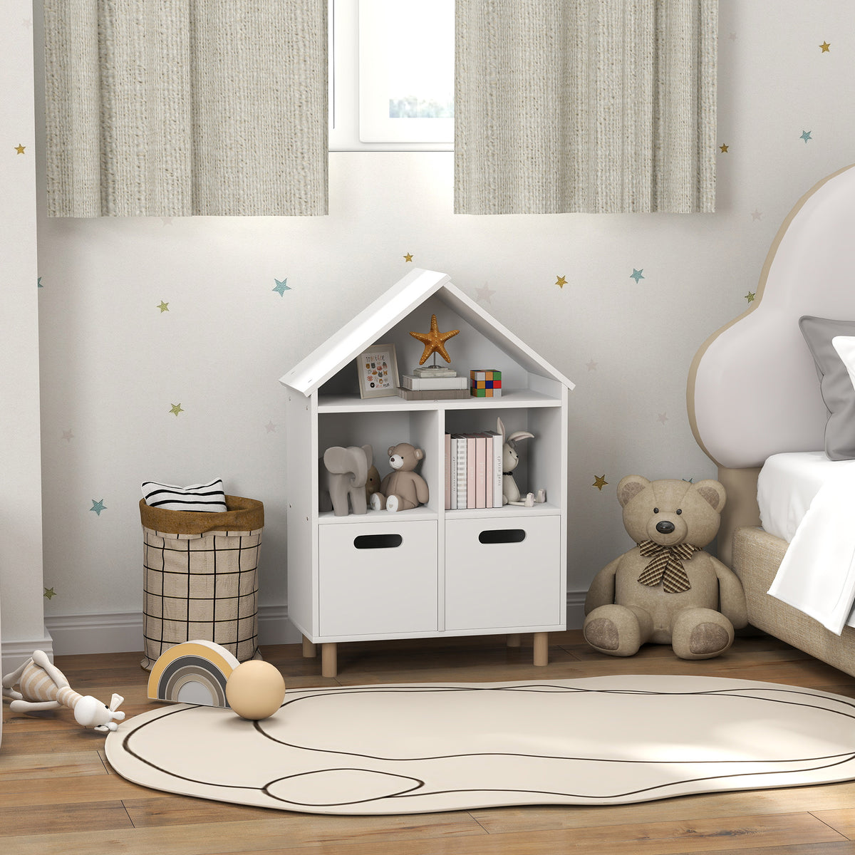 Qaba 3-Tier House-Shaped Kids Bookshelf with Drawers - White-Home Furnishings > Storage & Organization > Bookshelves & Bookcases > Small Bookshelves-DECOROLALA