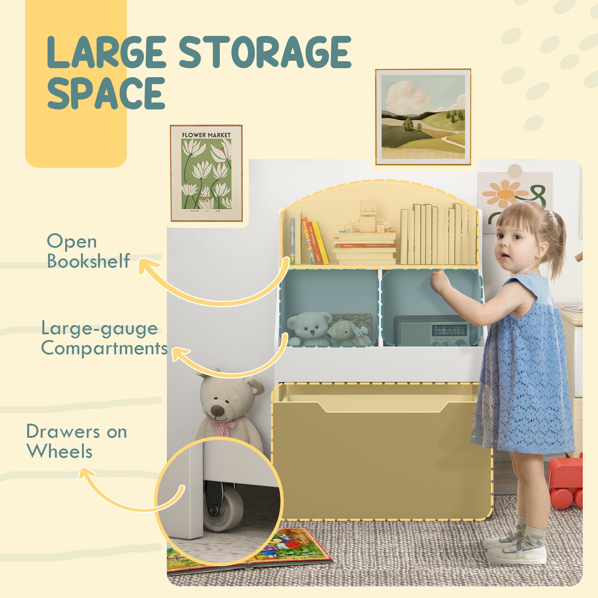 Qaba 3 Tier Kids Bookcase with Drawer, 2 Storage Compartment, for Nursery, Playroom, Bedroom, Classroom, White-Toys & Games > Toddler & Kids Furniture > Baby & Kids Storage-DECOROLALA