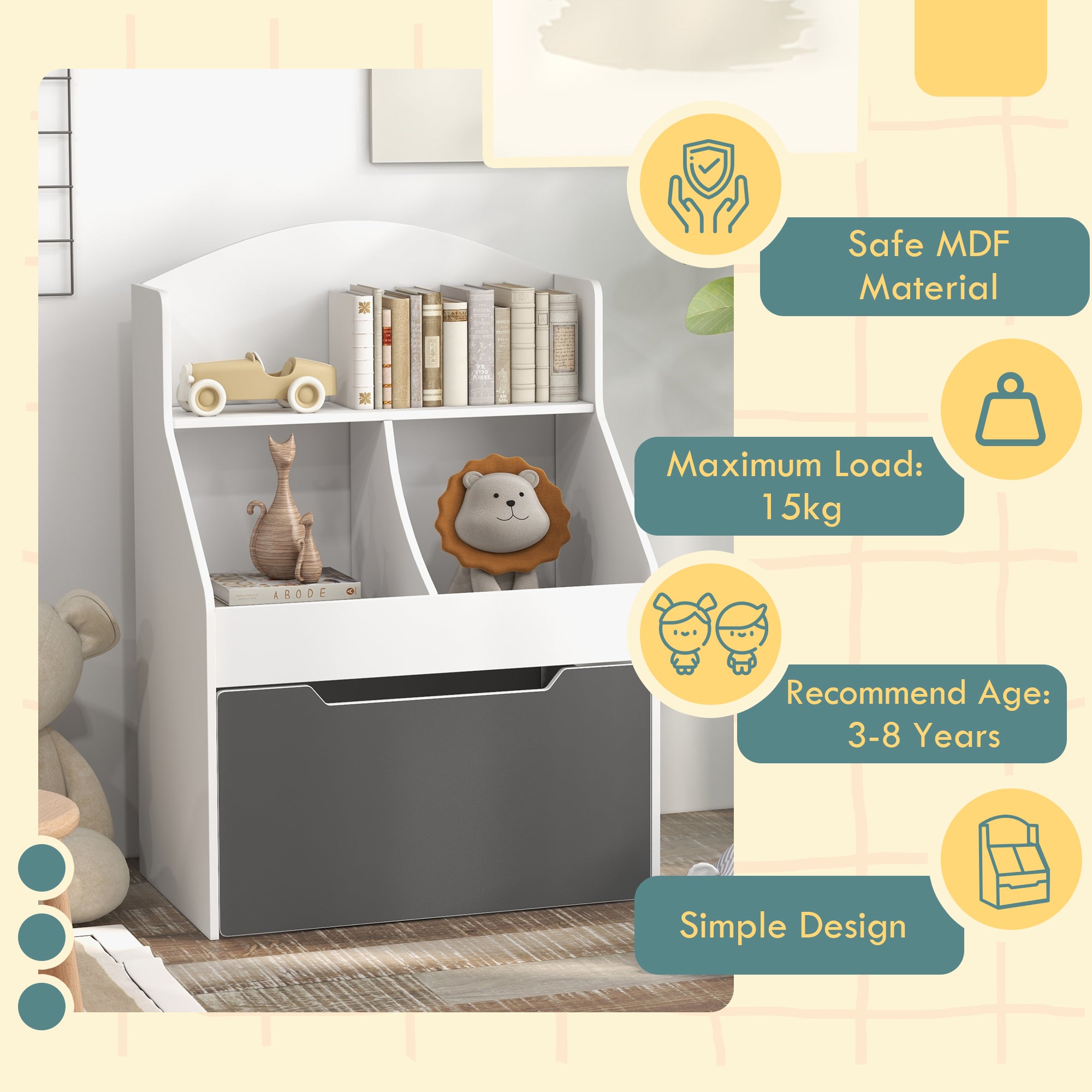Qaba 3 Tier Kids Bookcase with Drawer, 2 Storage Compartment, for Nursery, Playroom, Bedroom, Classroom, White-Toys & Games > Toddler & Kids Furniture > Baby & Kids Storage-DECOROLALA