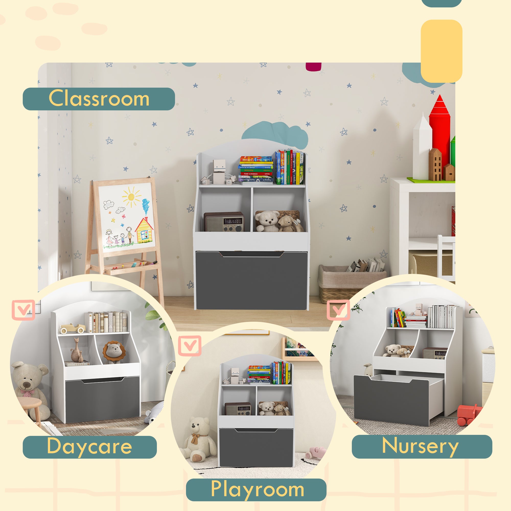 Qaba 3 Tier Kids Bookcase with Drawer, 2 Storage Compartment, for Nursery, Playroom, Bedroom, Classroom, White-Toys & Games > Toddler & Kids Furniture > Baby & Kids Storage-DECOROLALA