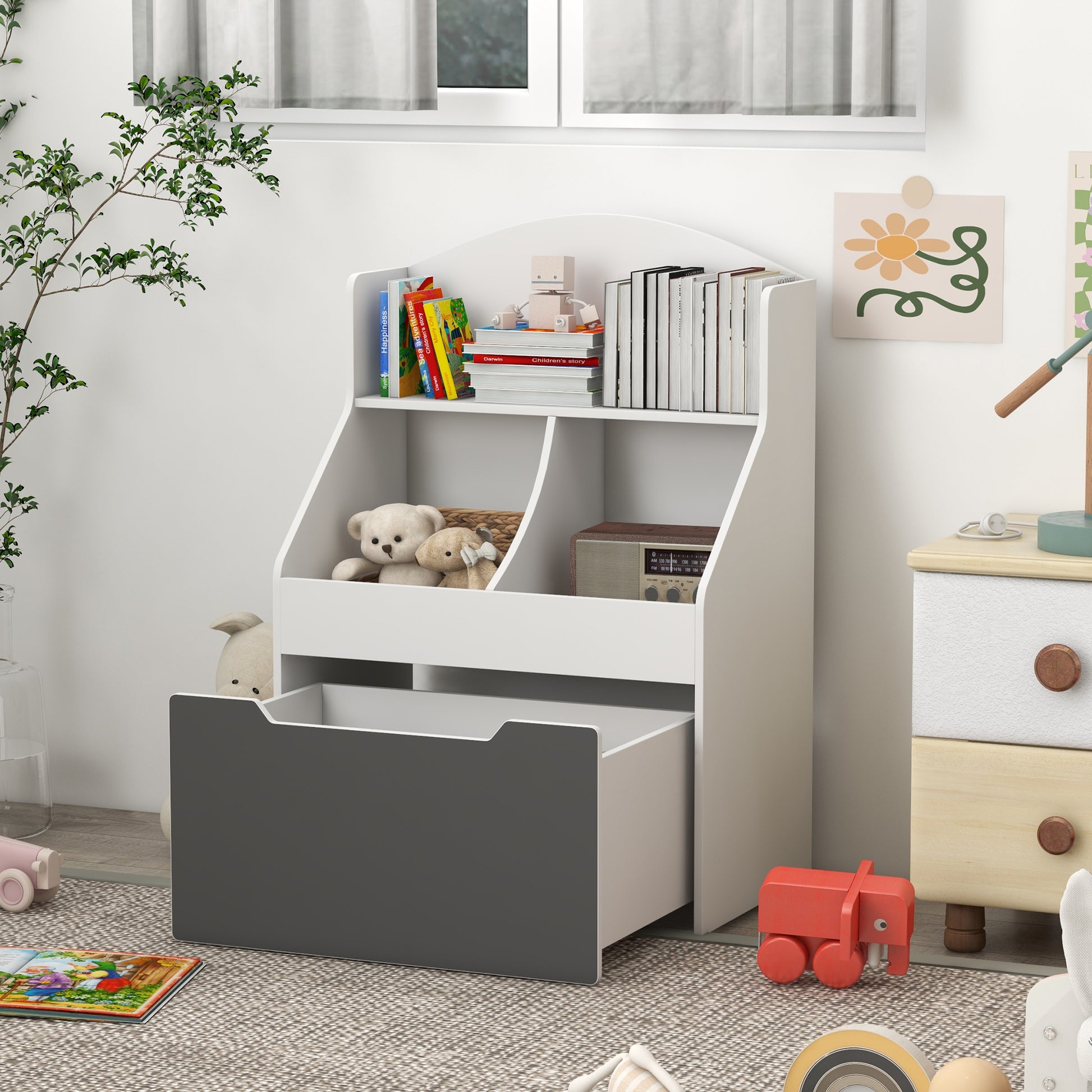 Qaba 3 Tier Kids Bookcase with Drawer, 2 Storage Compartment, for Nursery, Playroom, Bedroom, Classroom, White-Toys & Games > Toddler & Kids Furniture > Baby & Kids Storage-DECOROLALA