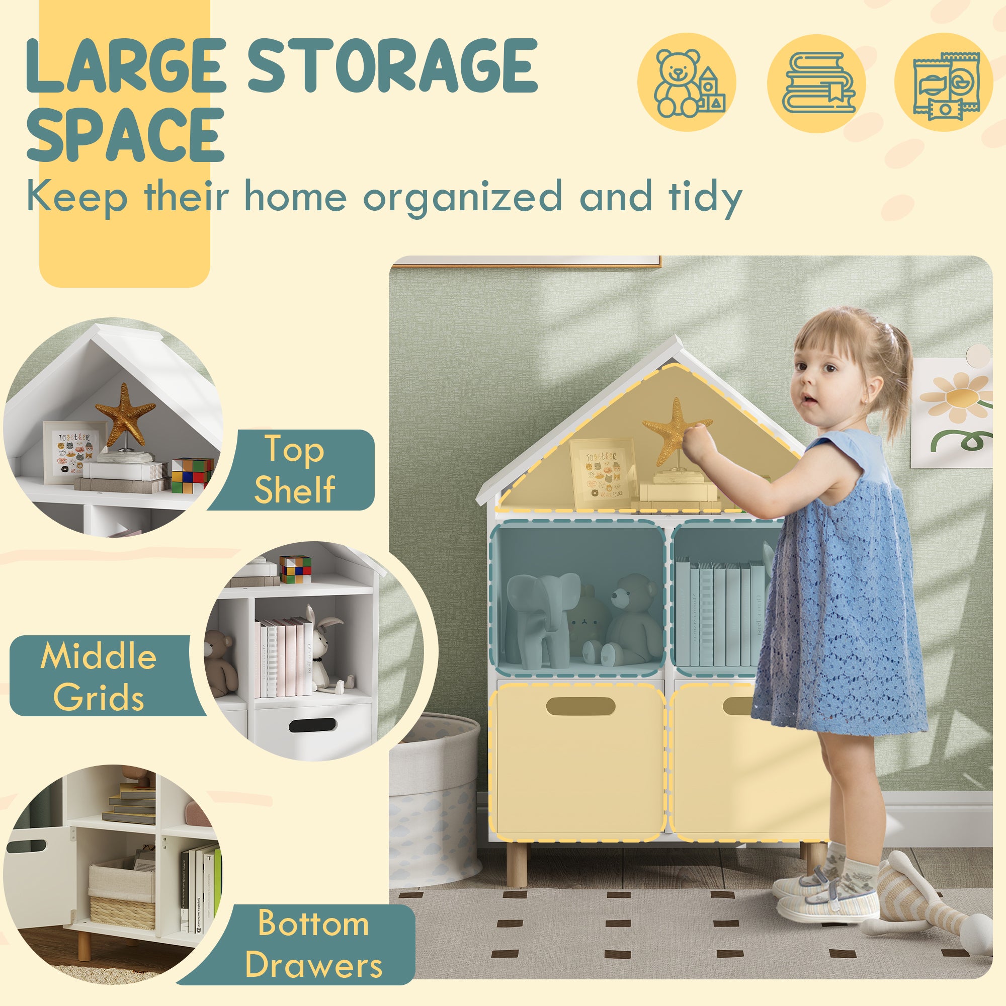 Qaba 3 Tier Kids Bookshelf with Two Drawers, for Bedroom, Kids Room, White-Home Furnishings > Storage & Organization > Bookshelves & Bookcases > Small Bookshelves-DECOROLALA