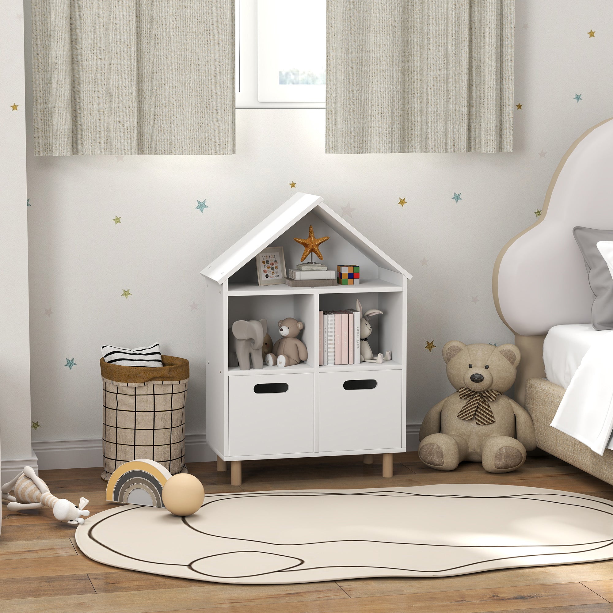 Qaba 3 Tier Kids Bookshelf with Two Drawers, for Bedroom, Kids Room, White-Home Furnishings > Storage & Organization > Bookshelves & Bookcases > Small Bookshelves-DECOROLALA