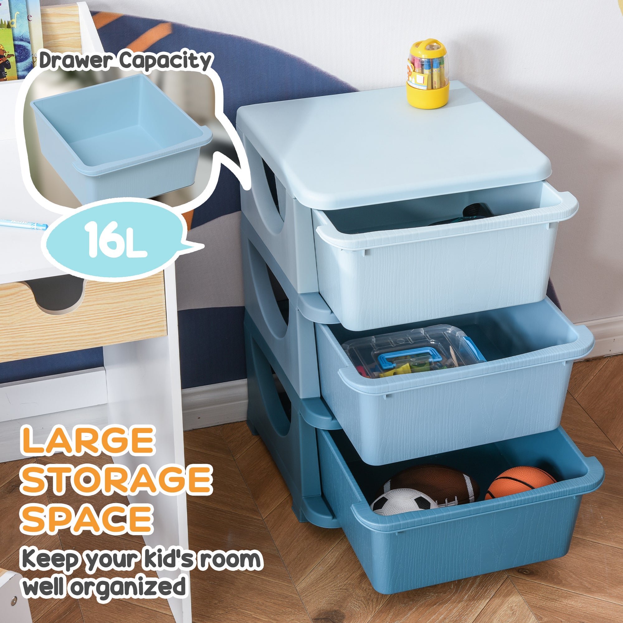 Qaba 3 Tier Kids Toy Organizer and Storage Bins with 3 Plastic Drawers, Blue-Toys & Games > Toddler & Kids Furniture > Baby & Kids Storage-DECOROLALA