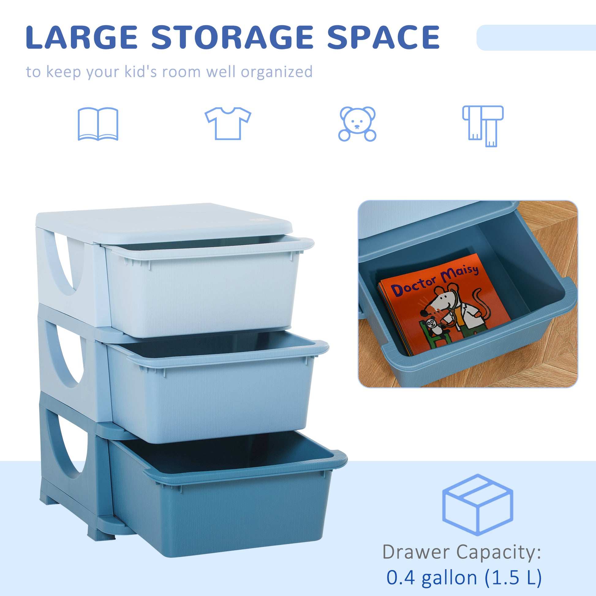Qaba 3 Tier Kids Toy Organizer and Storage Bins with 3 Plastic Drawers, Blue-Toys & Games > Toddler & Kids Furniture > Baby & Kids Storage-DECOROLALA