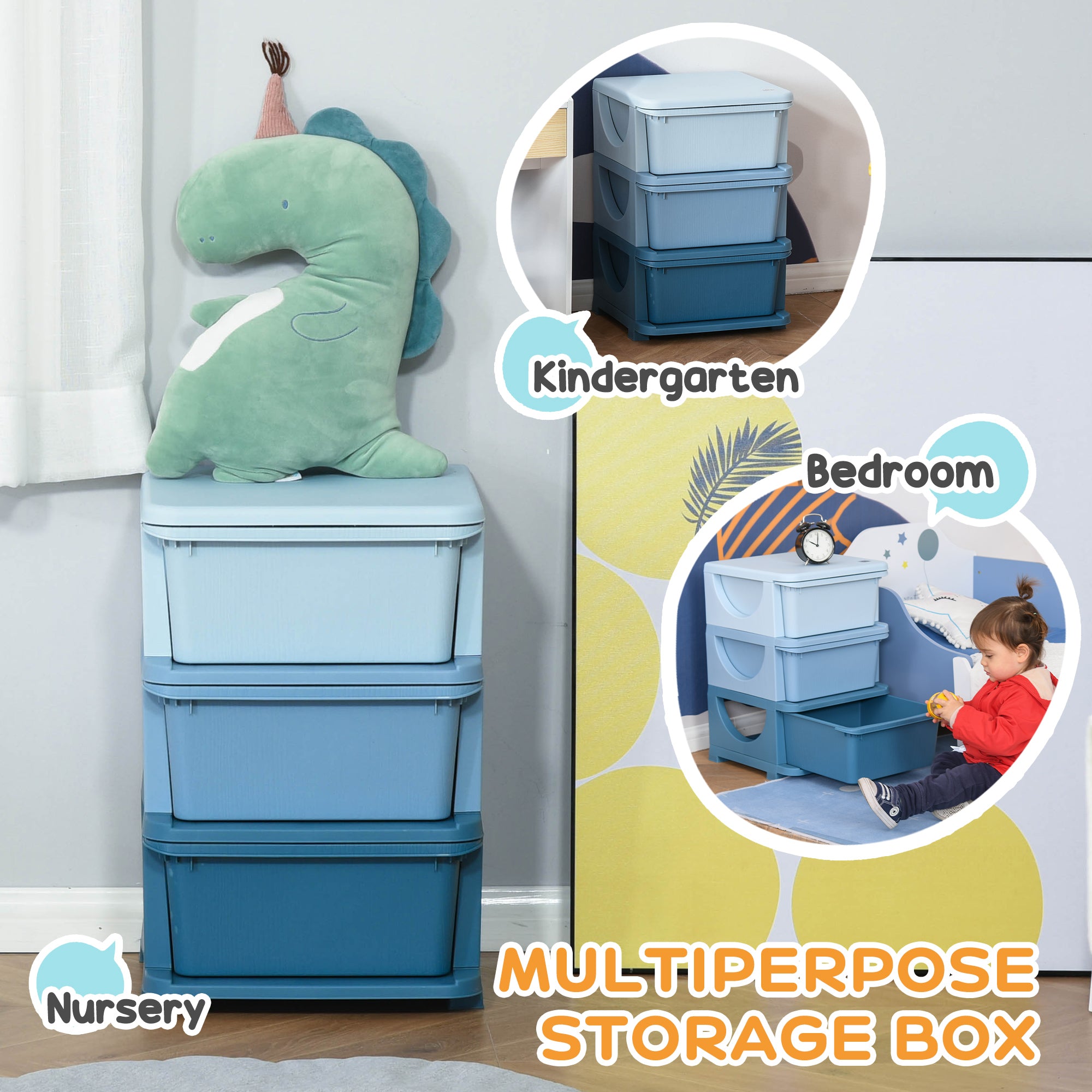 Qaba 3 Tier Kids Toy Organizer and Storage Bins with 3 Plastic Drawers, Blue-Toys & Games > Toddler & Kids Furniture > Baby & Kids Storage-DECOROLALA
