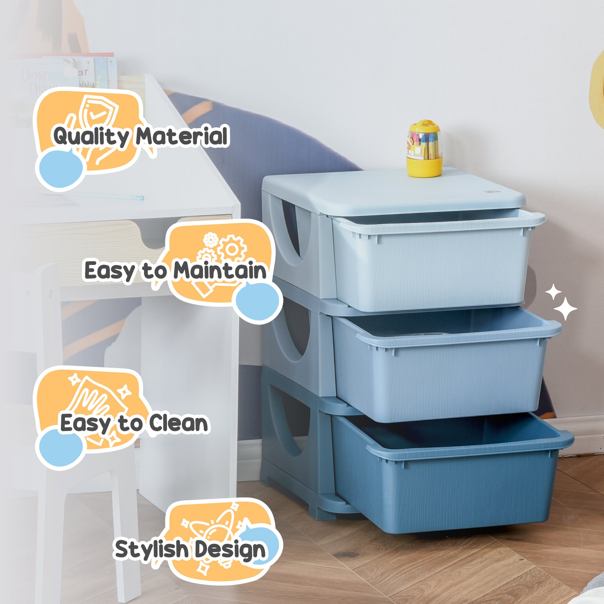 Qaba 3 Tier Kids Toy Organizer and Storage Bins with 3 Plastic Drawers, Blue-Toys & Games > Toddler & Kids Furniture > Baby & Kids Storage-DECOROLALA