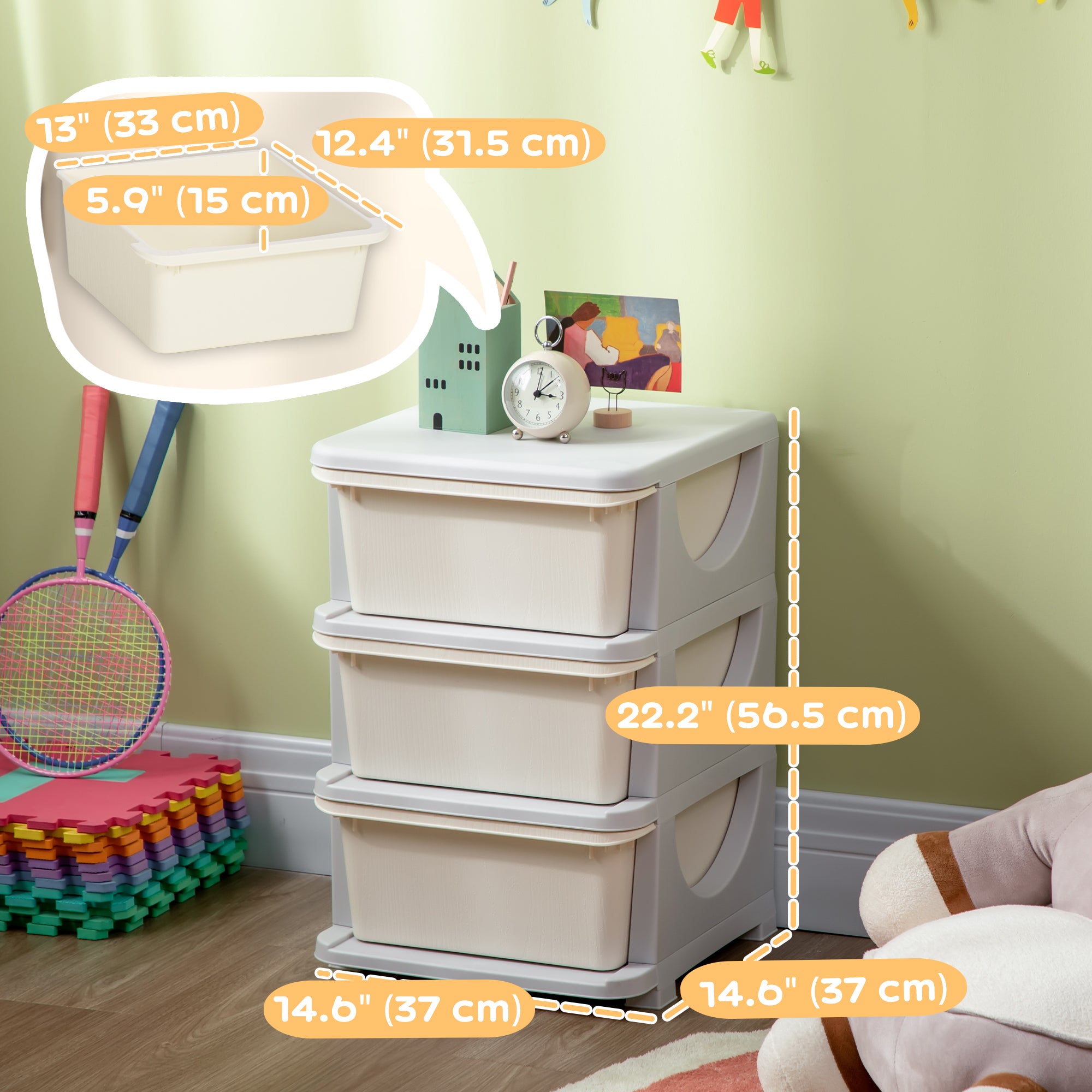 Qaba 3 Tier Kids Toy Organizer and Storage Bins with 3 Plastic Drawers, Cream White-Toys & Games > Toddler & Kids Furniture > Baby & Kids Storage-DECOROLALA