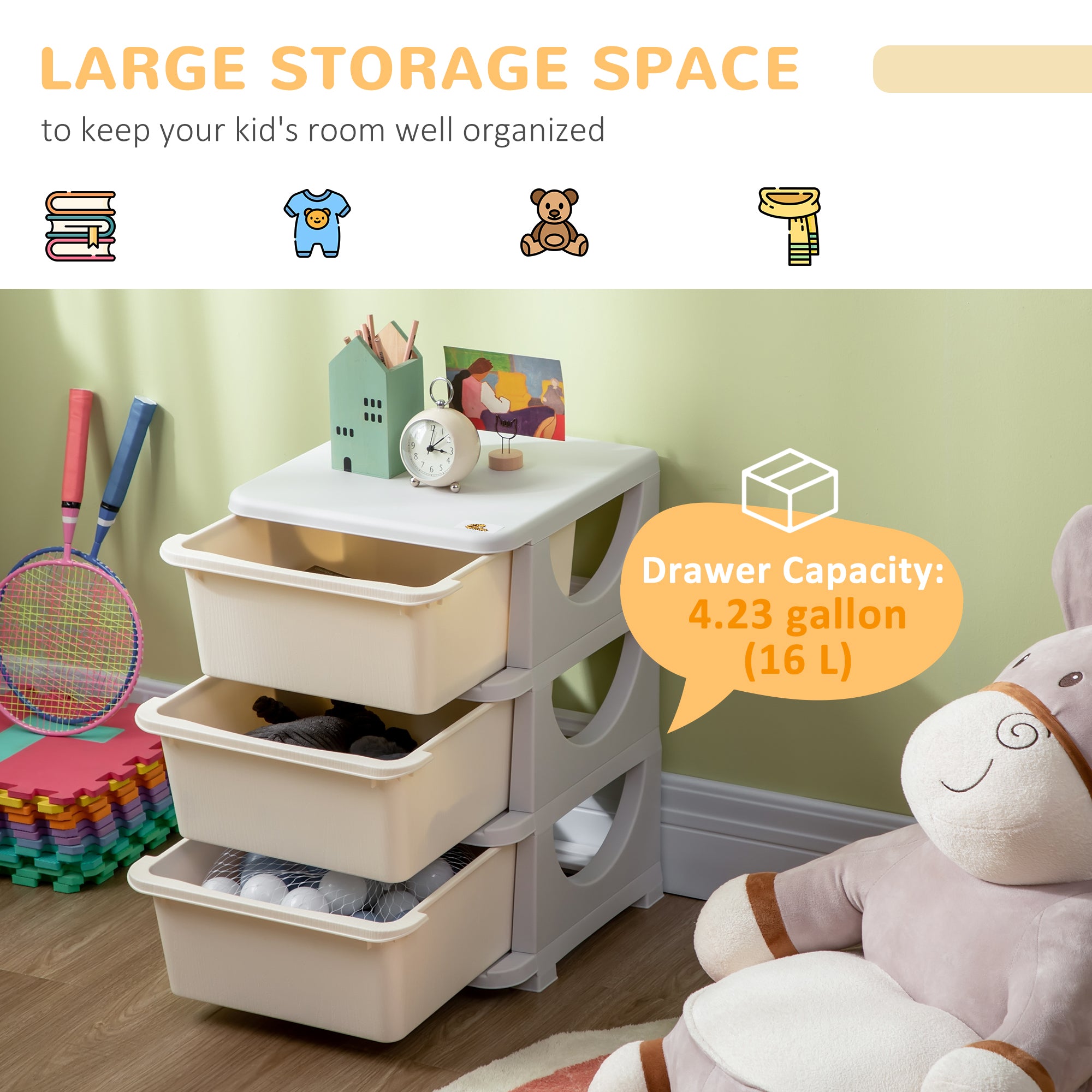 Qaba 3 Tier Kids Toy Organizer and Storage Bins with 3 Plastic Drawers, Cream White-Toys & Games > Toddler & Kids Furniture > Baby & Kids Storage-DECOROLALA