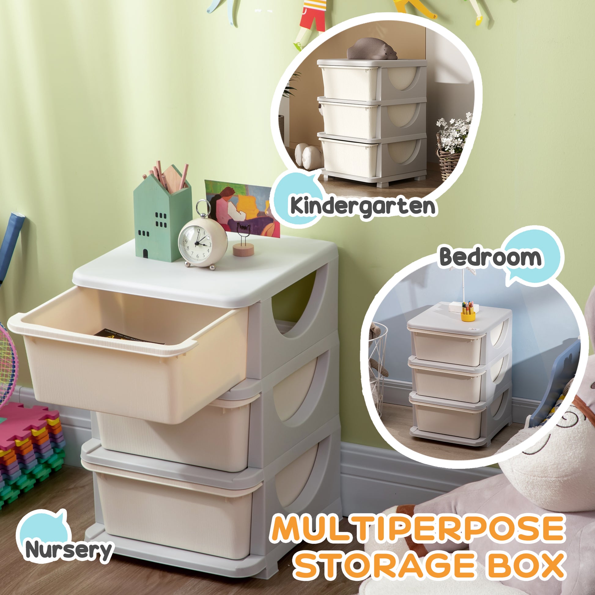 Qaba 3 Tier Kids Toy Organizer and Storage Bins with 3 Plastic Drawers, Cream White-Toys & Games > Toddler & Kids Furniture > Baby & Kids Storage-DECOROLALA