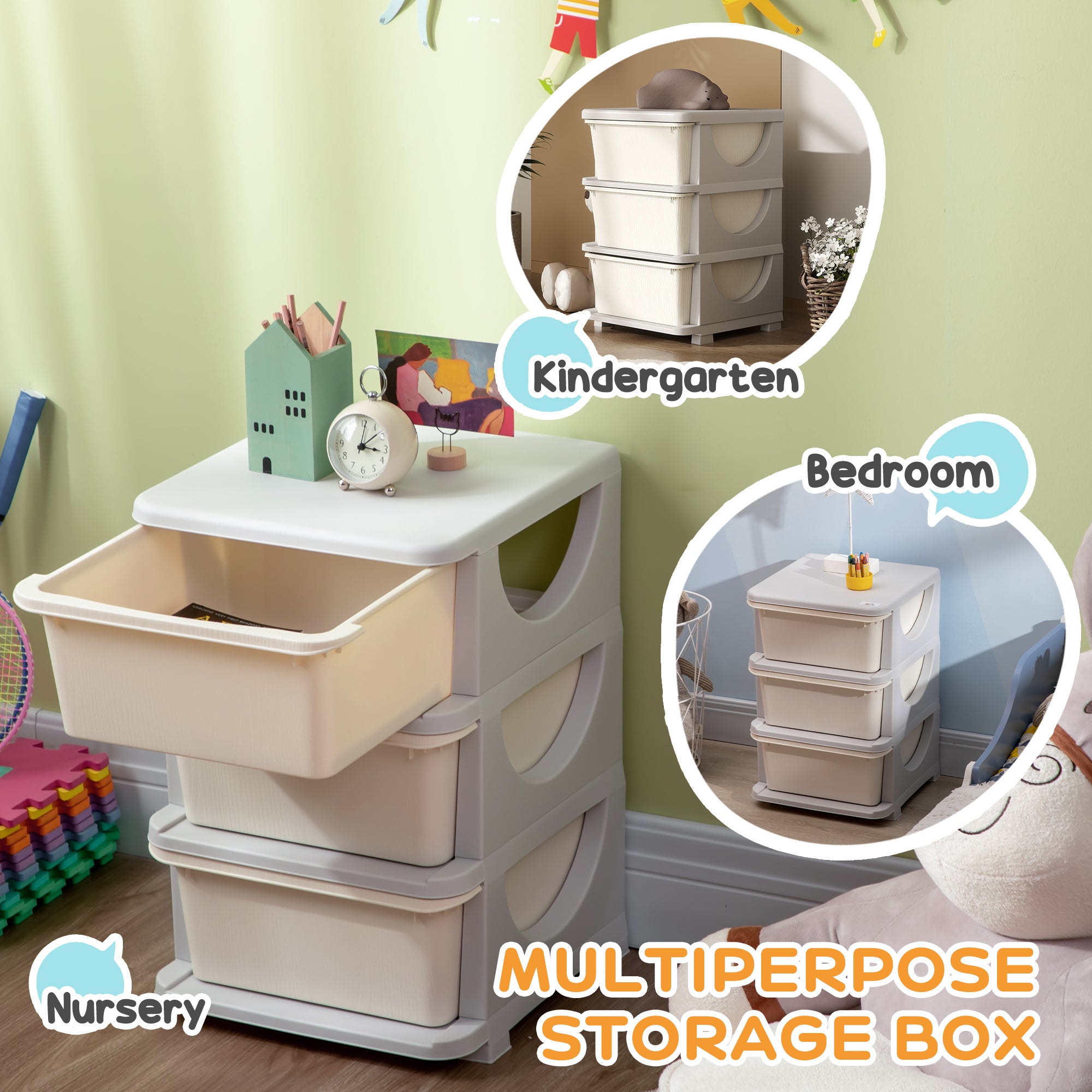 Qaba 3 Tier Kids Toy Organizer and Storage Bins with 3 Plastic Drawers, Cream White-Toys & Games > Toddler & Kids Furniture > Baby & Kids Storage-DECOROLALA