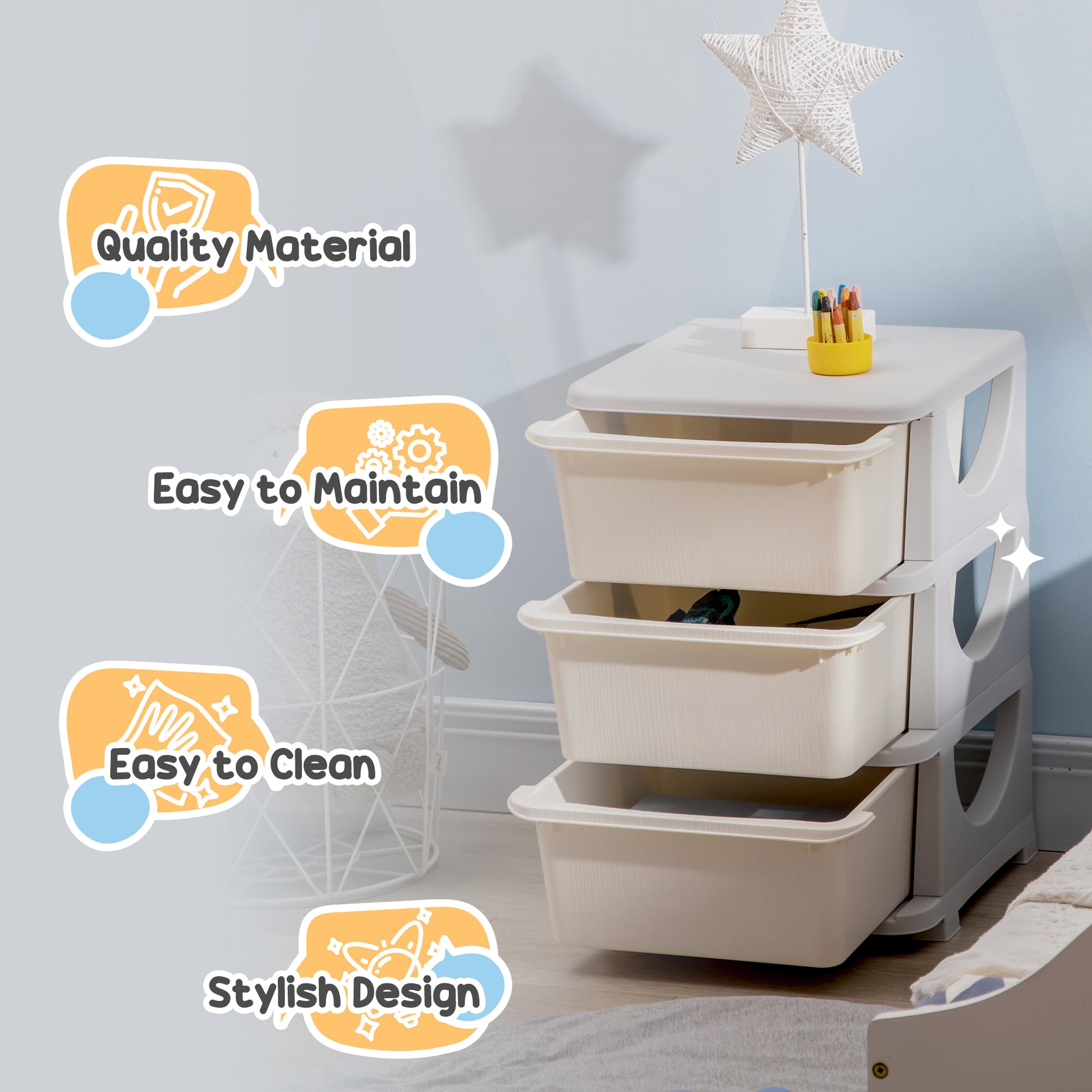 Qaba 3 Tier Kids Toy Organizer and Storage Bins with 3 Plastic Drawers, Cream White-Toys & Games > Toddler & Kids Furniture > Baby & Kids Storage-DECOROLALA
