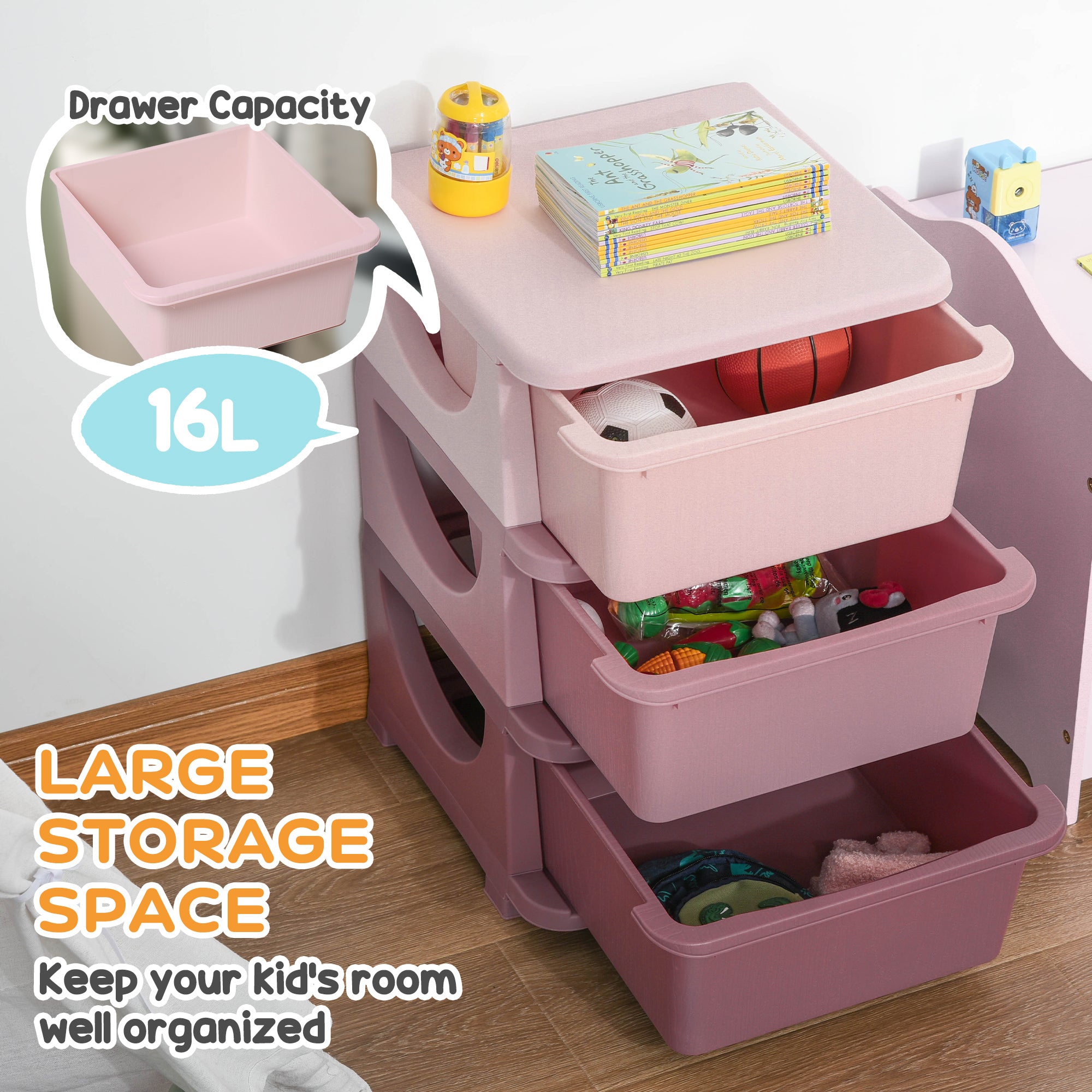 Qaba 3 Tier Kids Toy Organizer and Storage Bins with 3 Plastic Drawers, Pink-Toys & Games > Toddler & Kids Furniture > Baby & Kids Storage-DECOROLALA