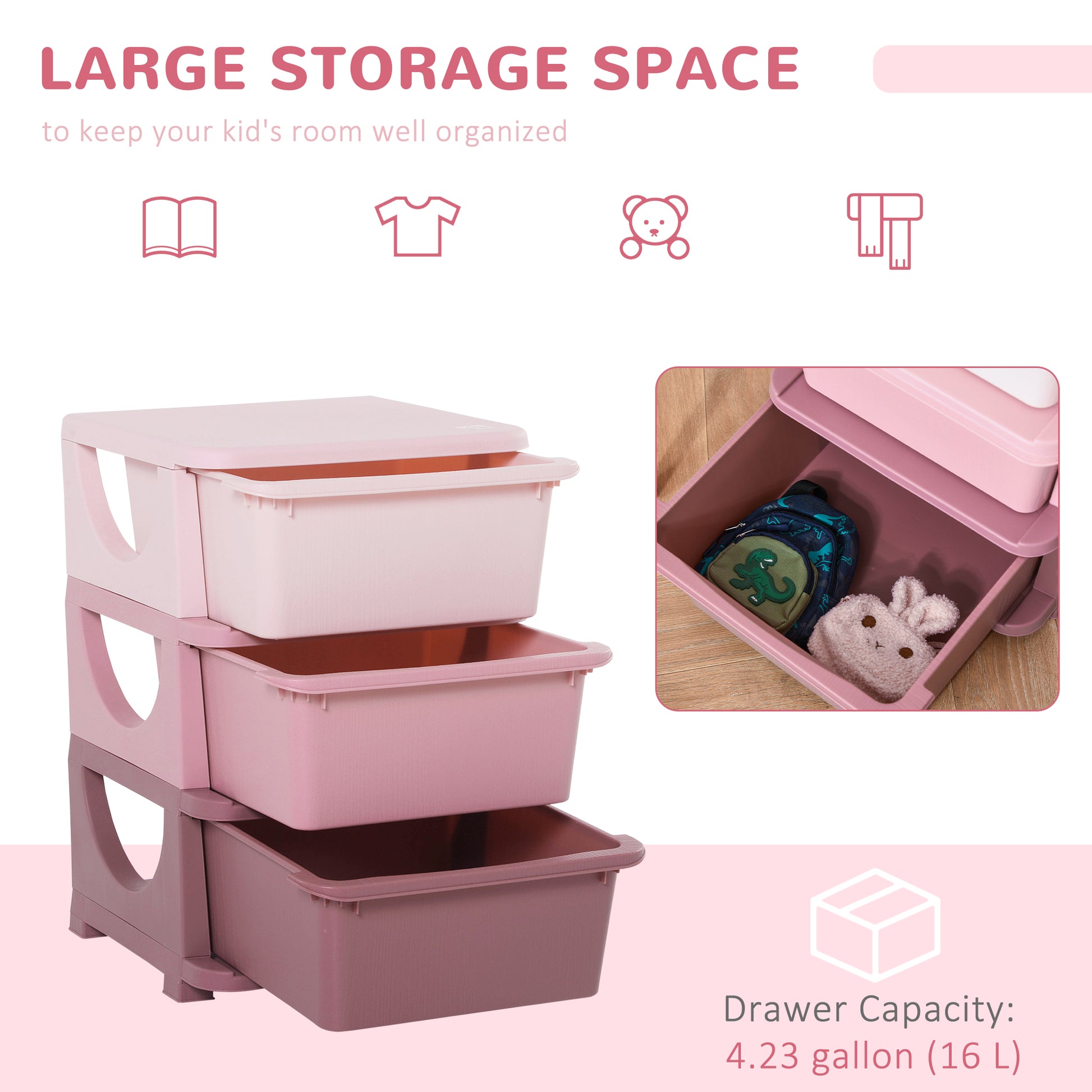 Qaba 3 Tier Kids Toy Organizer and Storage Bins with 3 Plastic Drawers, Pink-Toys & Games > Toddler & Kids Furniture > Baby & Kids Storage-DECOROLALA