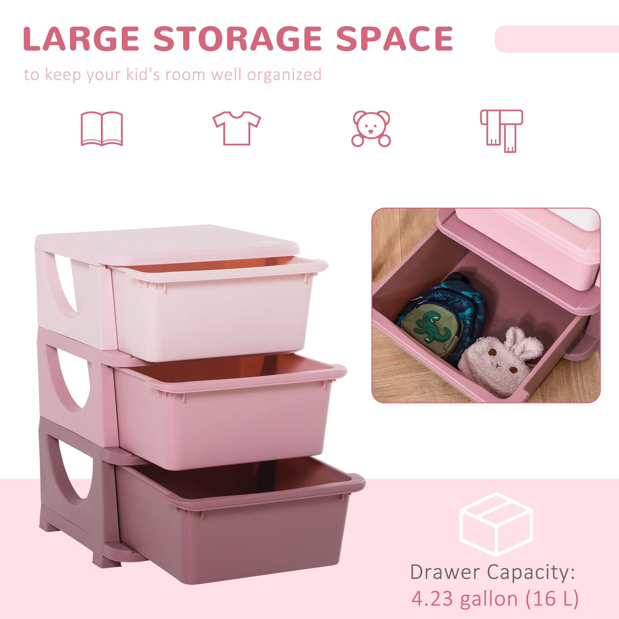 Qaba 3 Tier Kids Toy Organizer and Storage Bins with 3 Plastic Drawers, Pink-Toys & Games > Toddler & Kids Furniture > Baby & Kids Storage-DECOROLALA