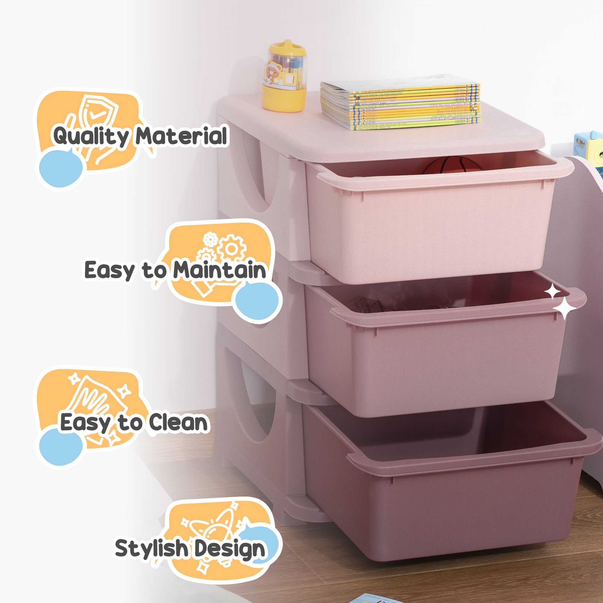 Qaba 3 Tier Kids Toy Organizer and Storage Bins with 3 Plastic Drawers, Pink-Toys & Games > Toddler & Kids Furniture > Baby & Kids Storage-DECOROLALA