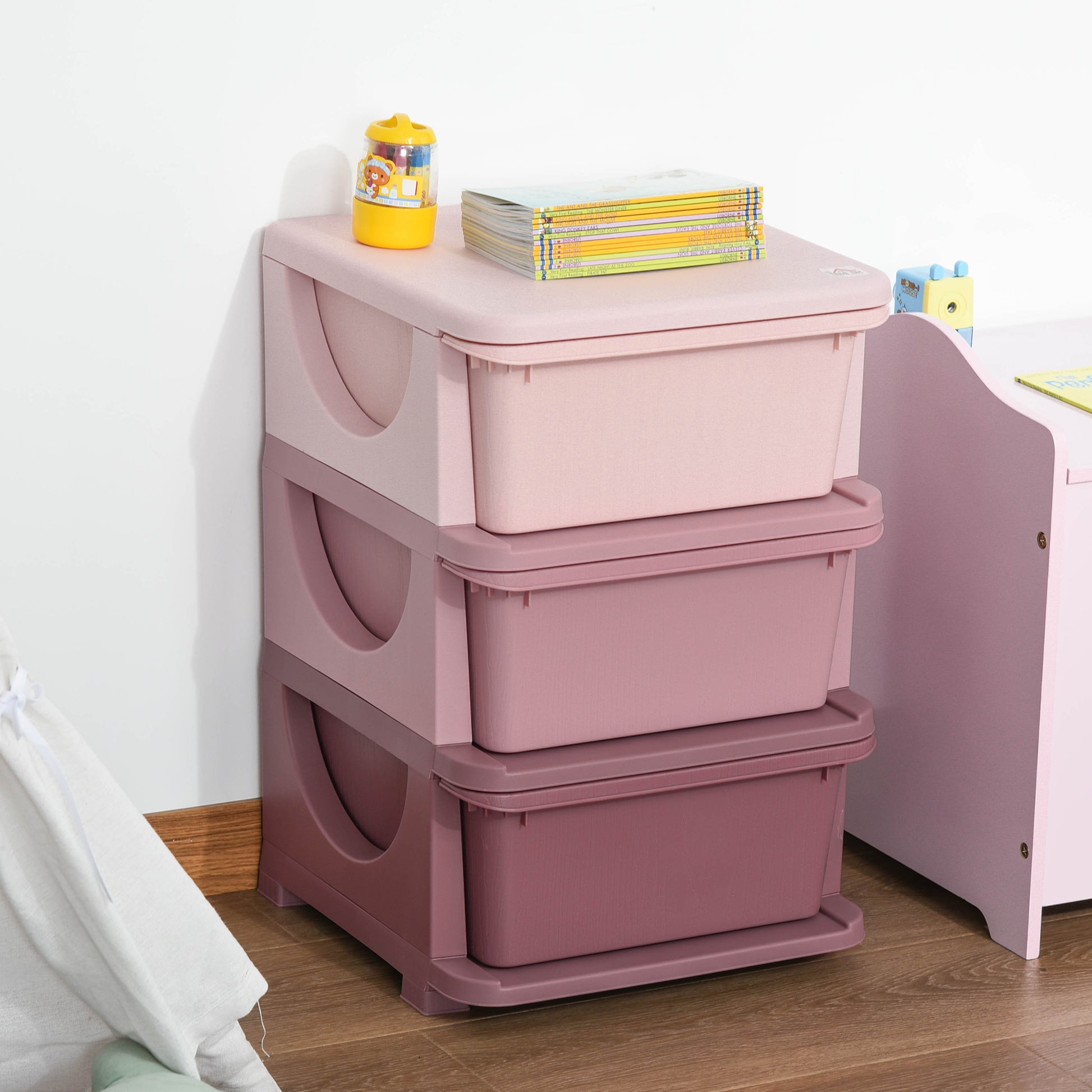 Qaba 3 Tier Kids Toy Organizer and Storage Bins with 3 Plastic Drawers, Pink-Toys & Games > Toddler & Kids Furniture > Baby & Kids Storage-DECOROLALA