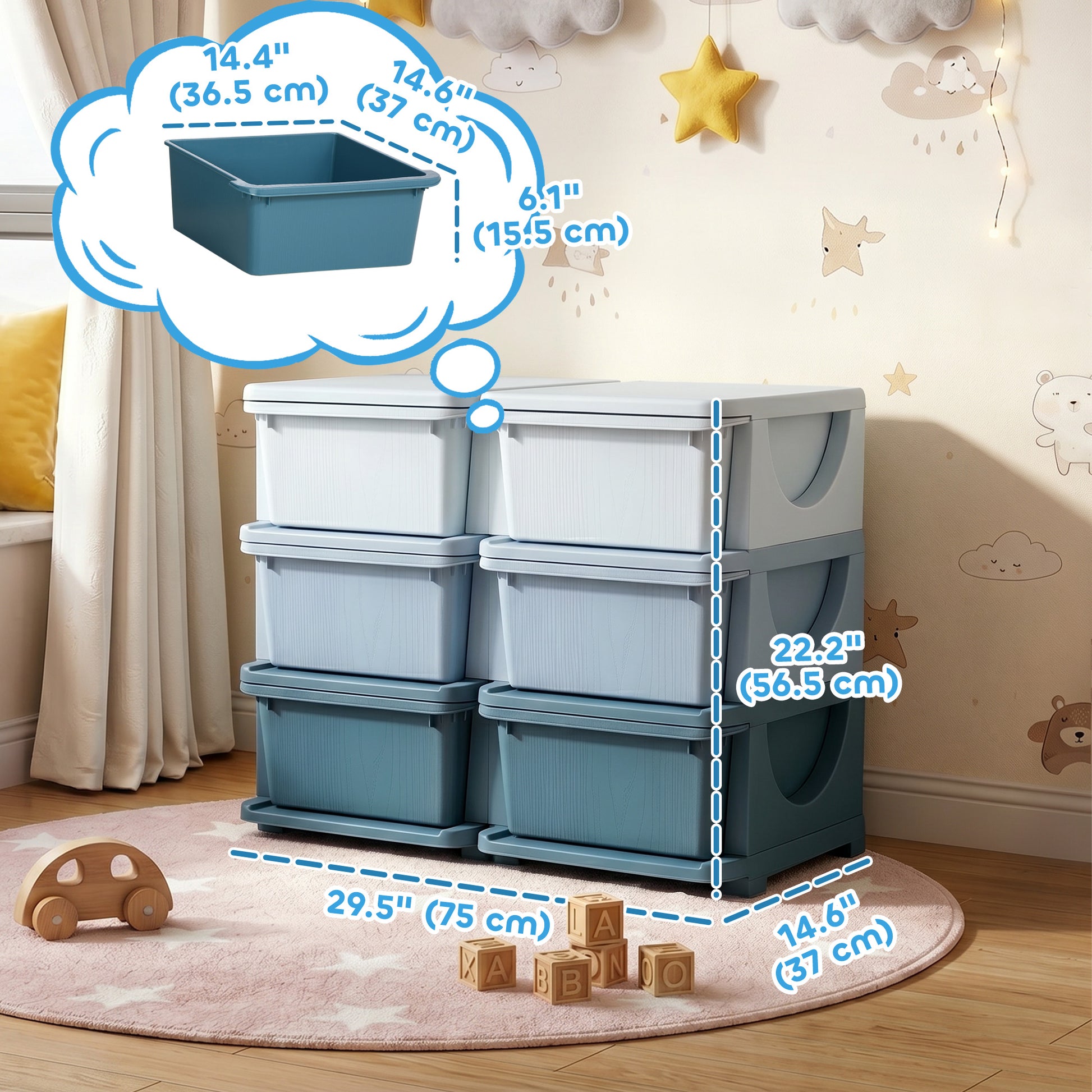 Qaba 3 Tier Kids Toy Organizer and Storage Bins with 6 Plastic Drawers, Blue-Toys & Games > Toddler & Kids Furniture > Baby & Kids Storage-DECOROLALA