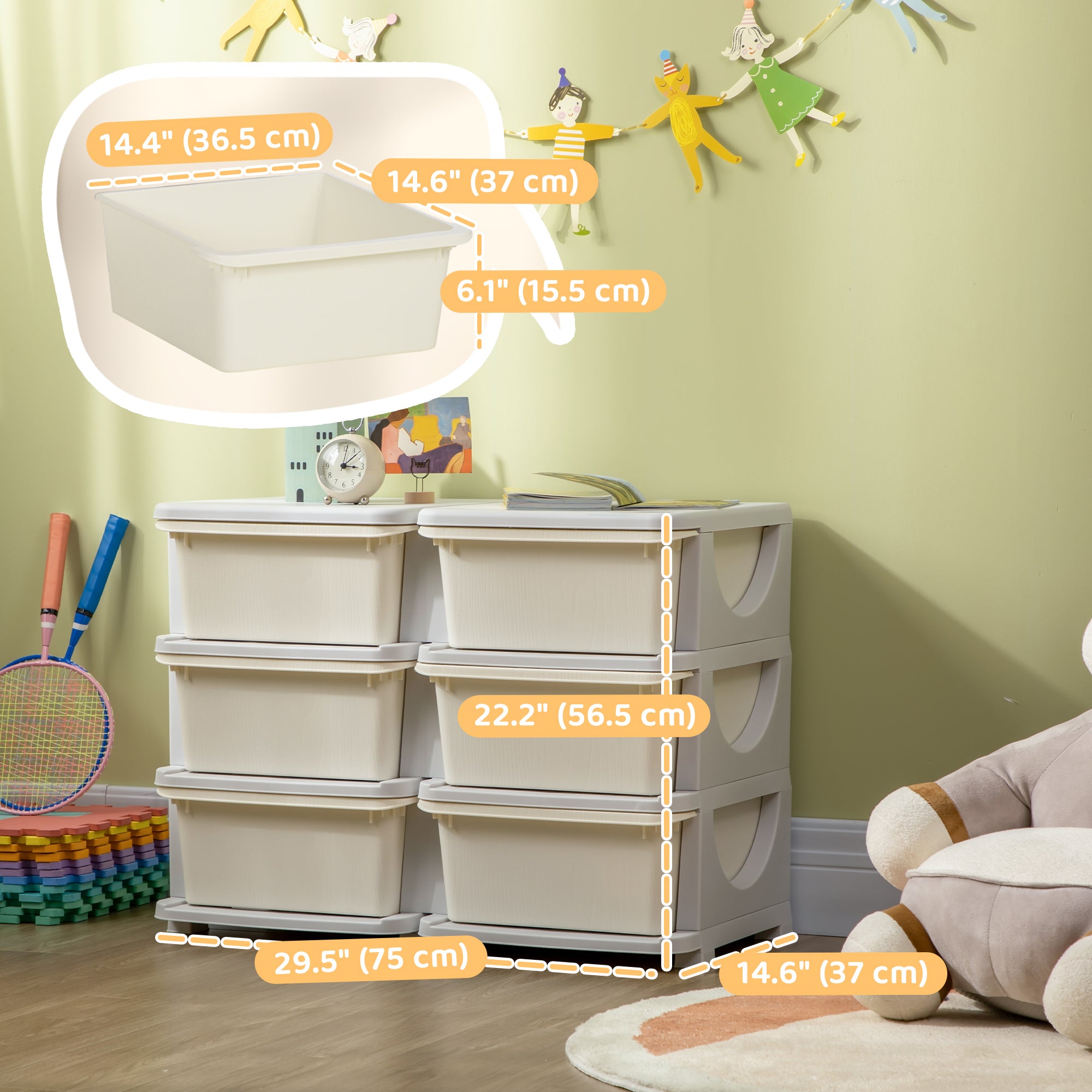 Qaba 3 Tier Kids Toy Organizer and Storage Bins with 6 Plastic Drawers, Cream White-Toys & Games > Toddler & Kids Furniture > Baby & Kids Storage-DECOROLALA